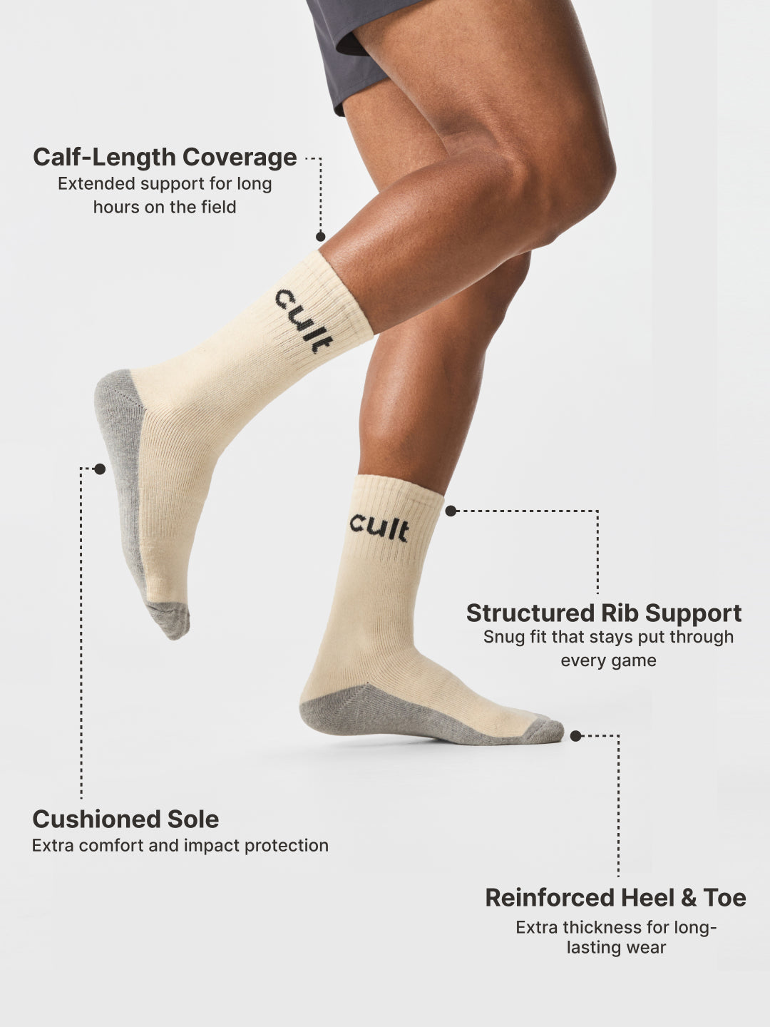 Cult Cricket Socks Unisex Cotton Calf-Length Cushioned, Moisture-Wicking & Stretchable Performance Socks Off White