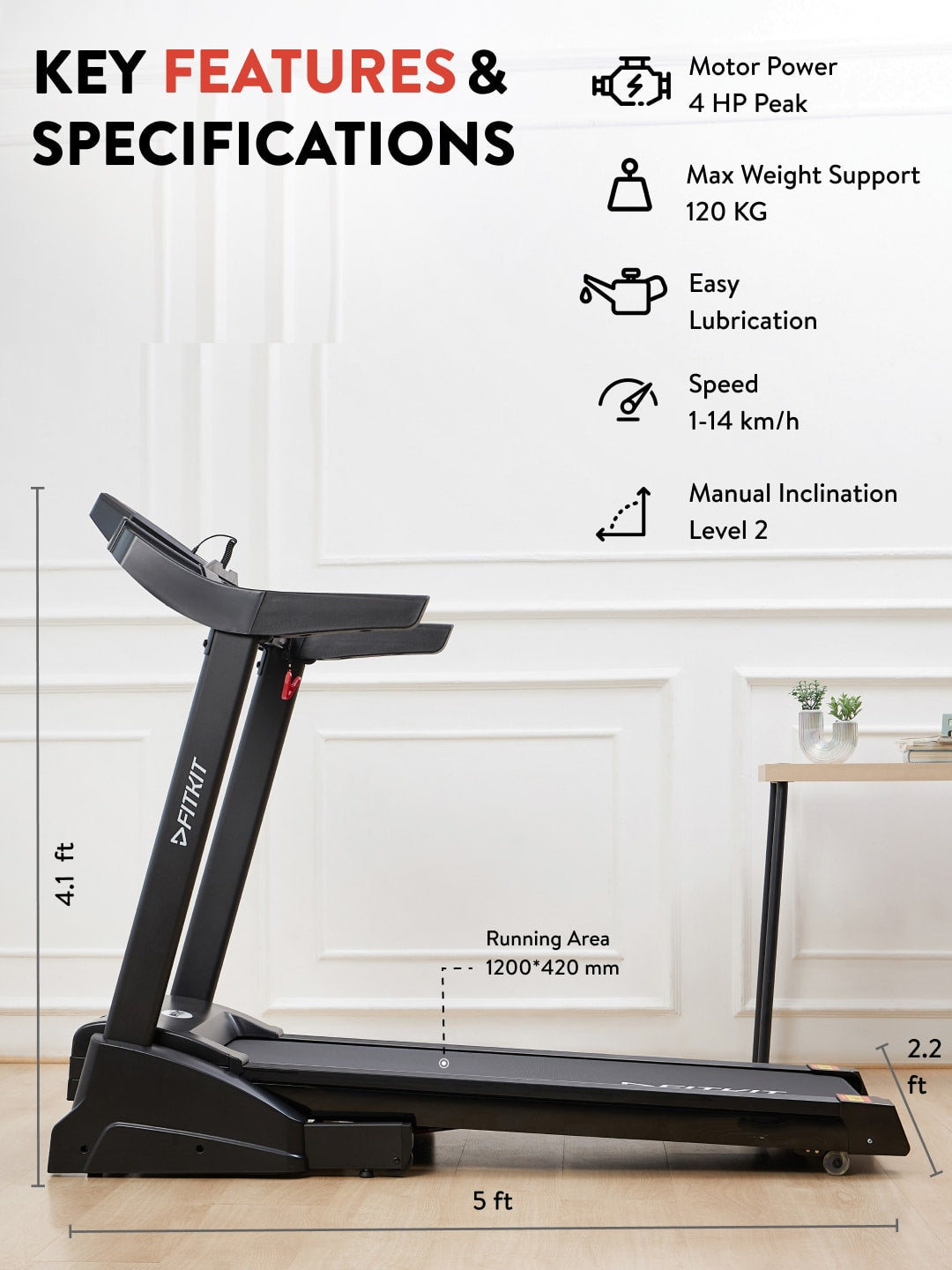 FITKIT10K2.5HP Treadmill 4HP Powerful Brushless Motor | 2-Level Manual-Incline | Max Weight-120kg | Max Speed-14kmph (with 6 Months extended warranty)