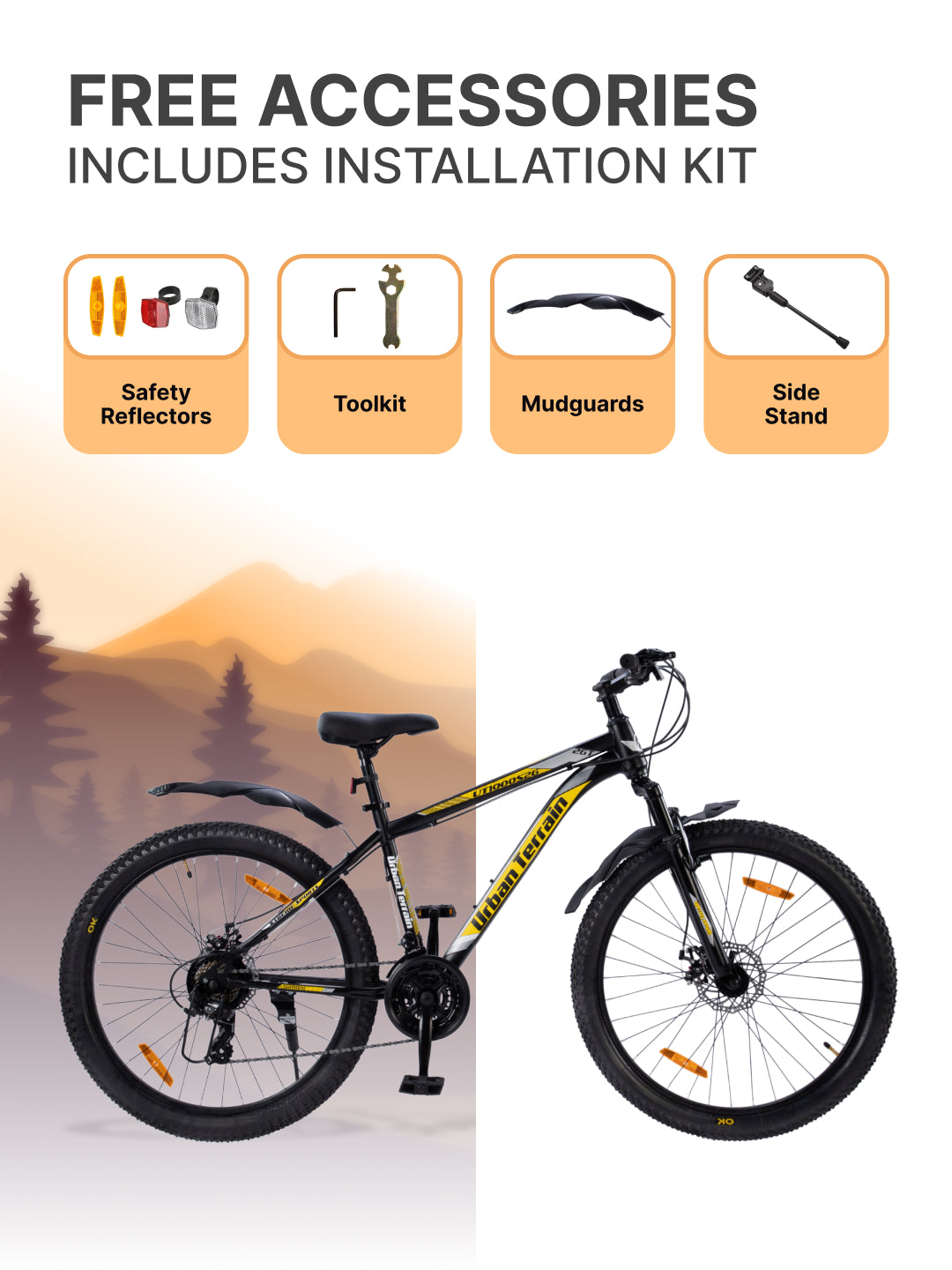 UT1000S26 Mountain Bike Steel 21 Speed Cycle Shimano Gear 26 inch, Yellow With Front Suspension, Single Wall Rim and Dual Disc Brakes Ideal For 5 ft to 5.7 ft