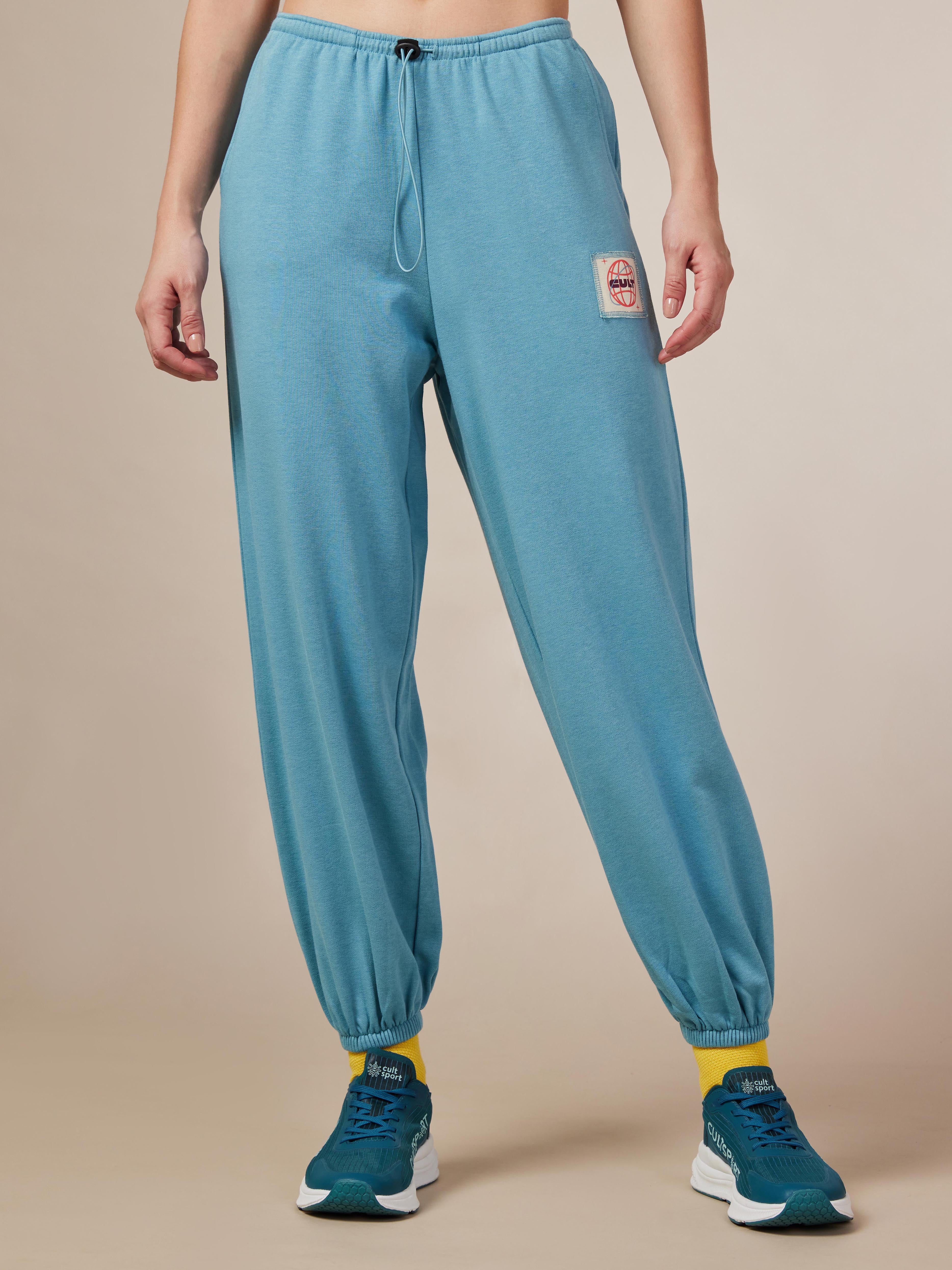 Women's Blue Cult Printed Patch Baggy Joggers