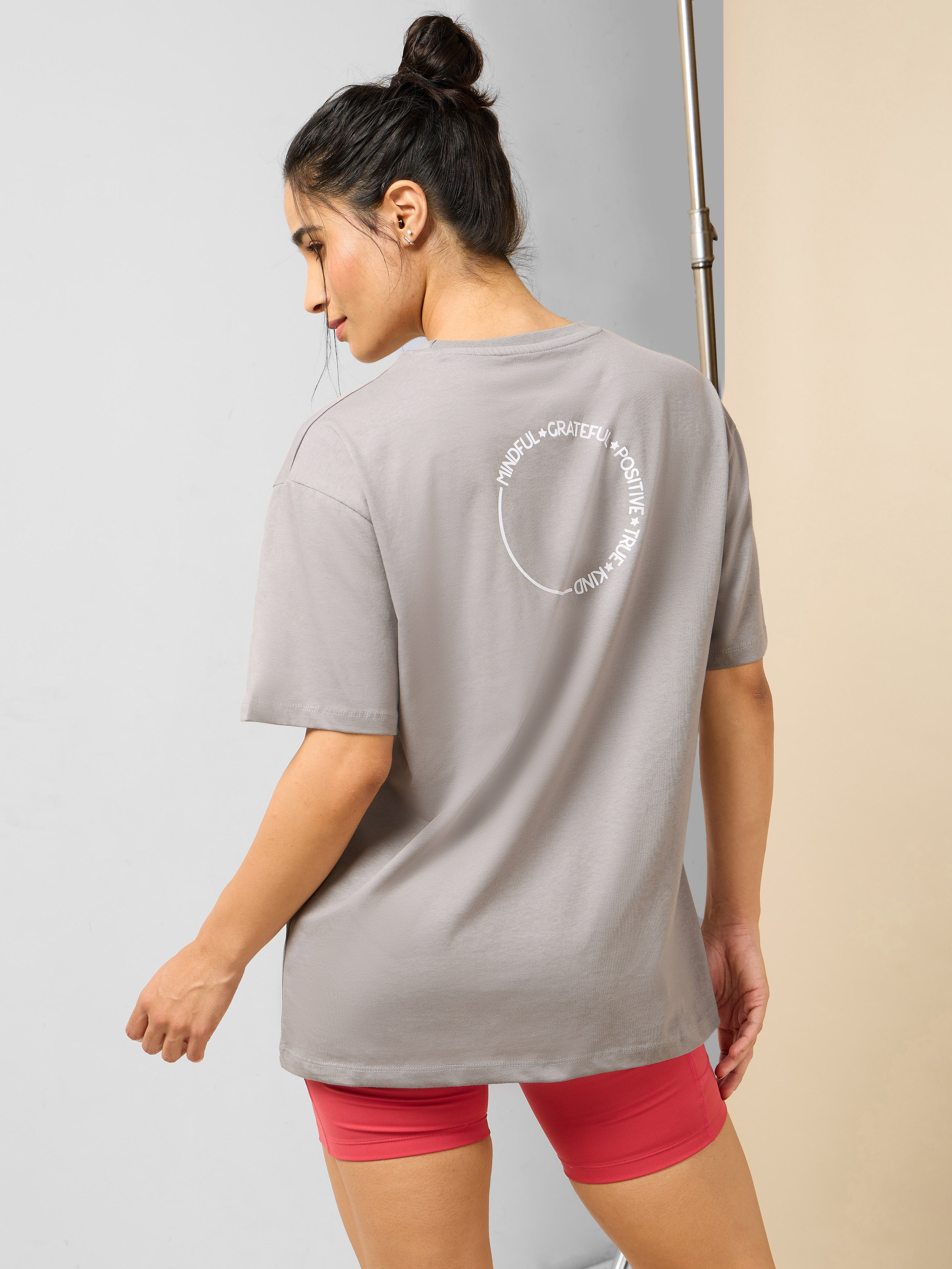 Women's Circle Of Positive Grey Printed Oversized T-shirt