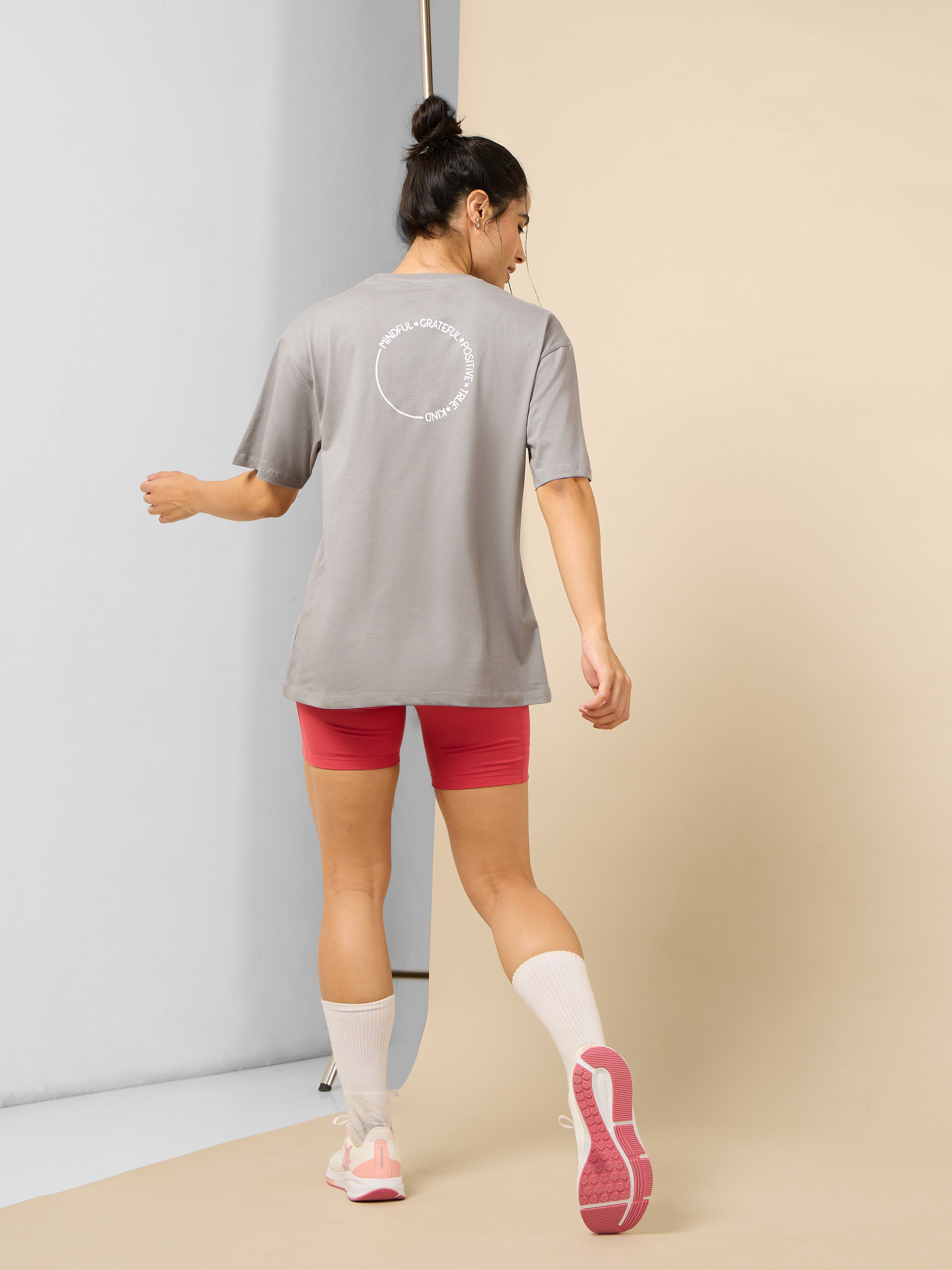 Women's Circle Of Positive Grey Printed Oversized T-shirt
