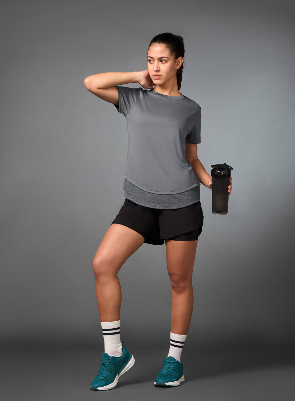 Women's Layered Hem Grey Running Top