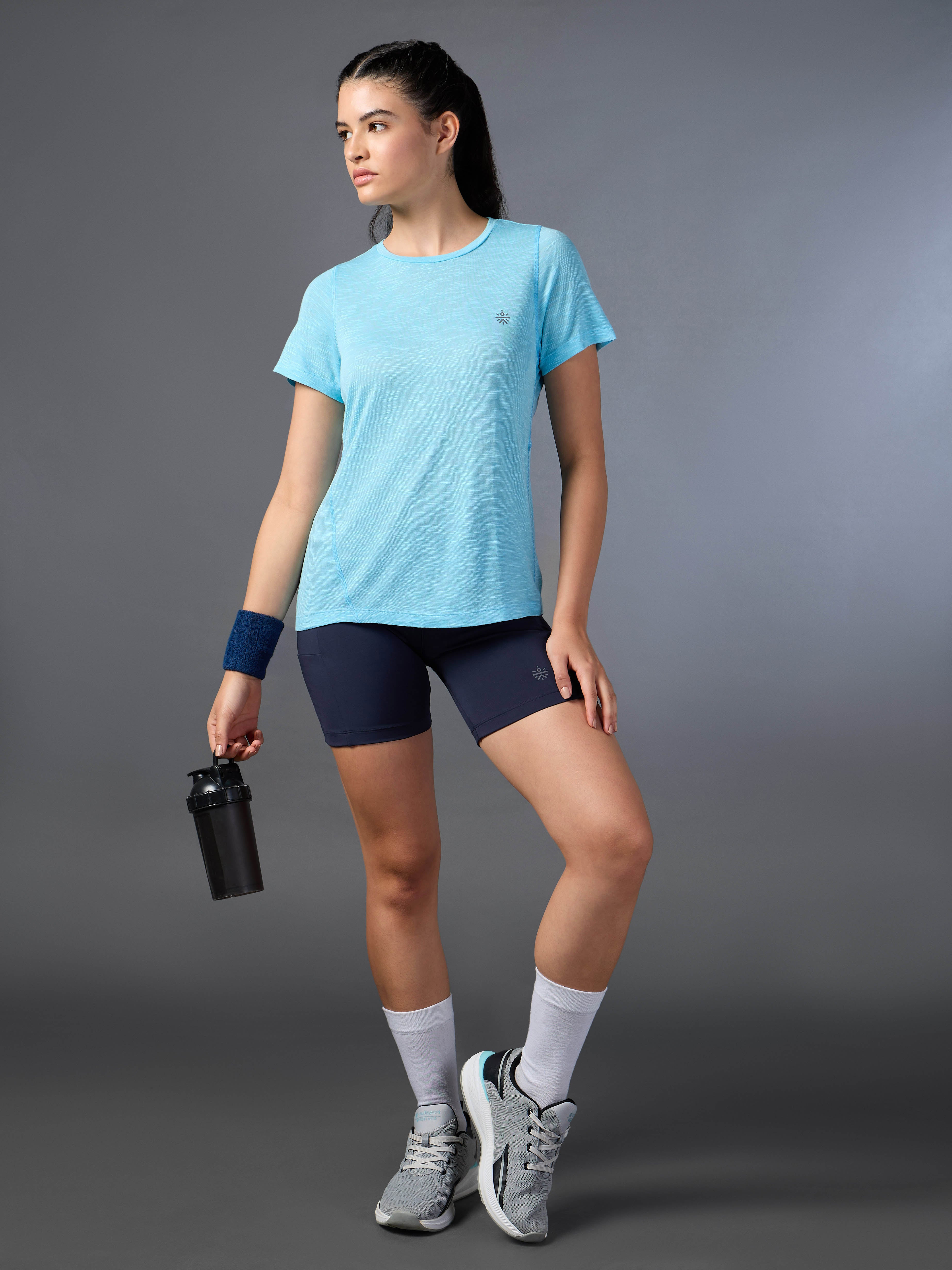 Women's Blue Slub Engineered Knit Top