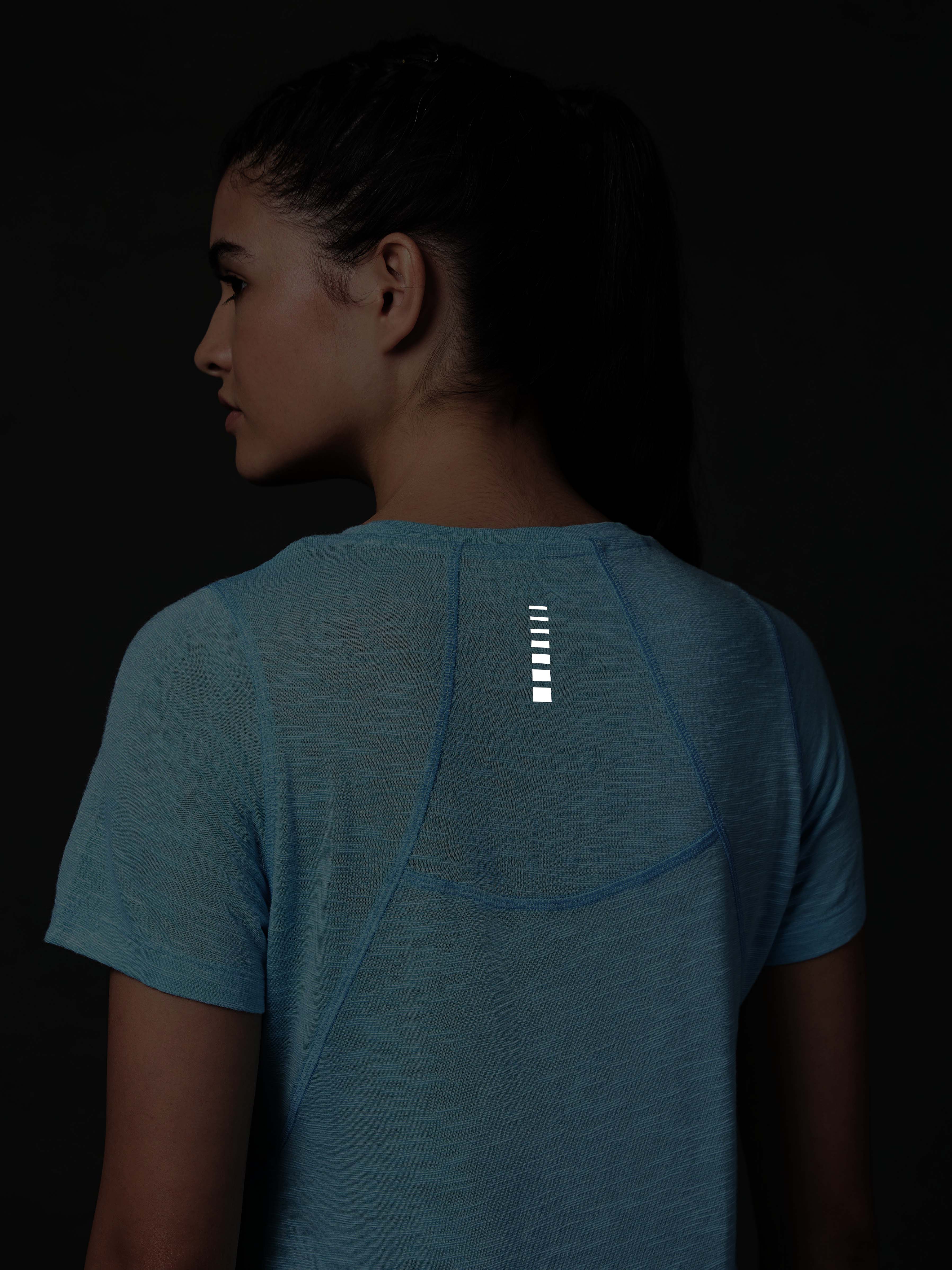 Women's Blue Slub Engineered Knit Top