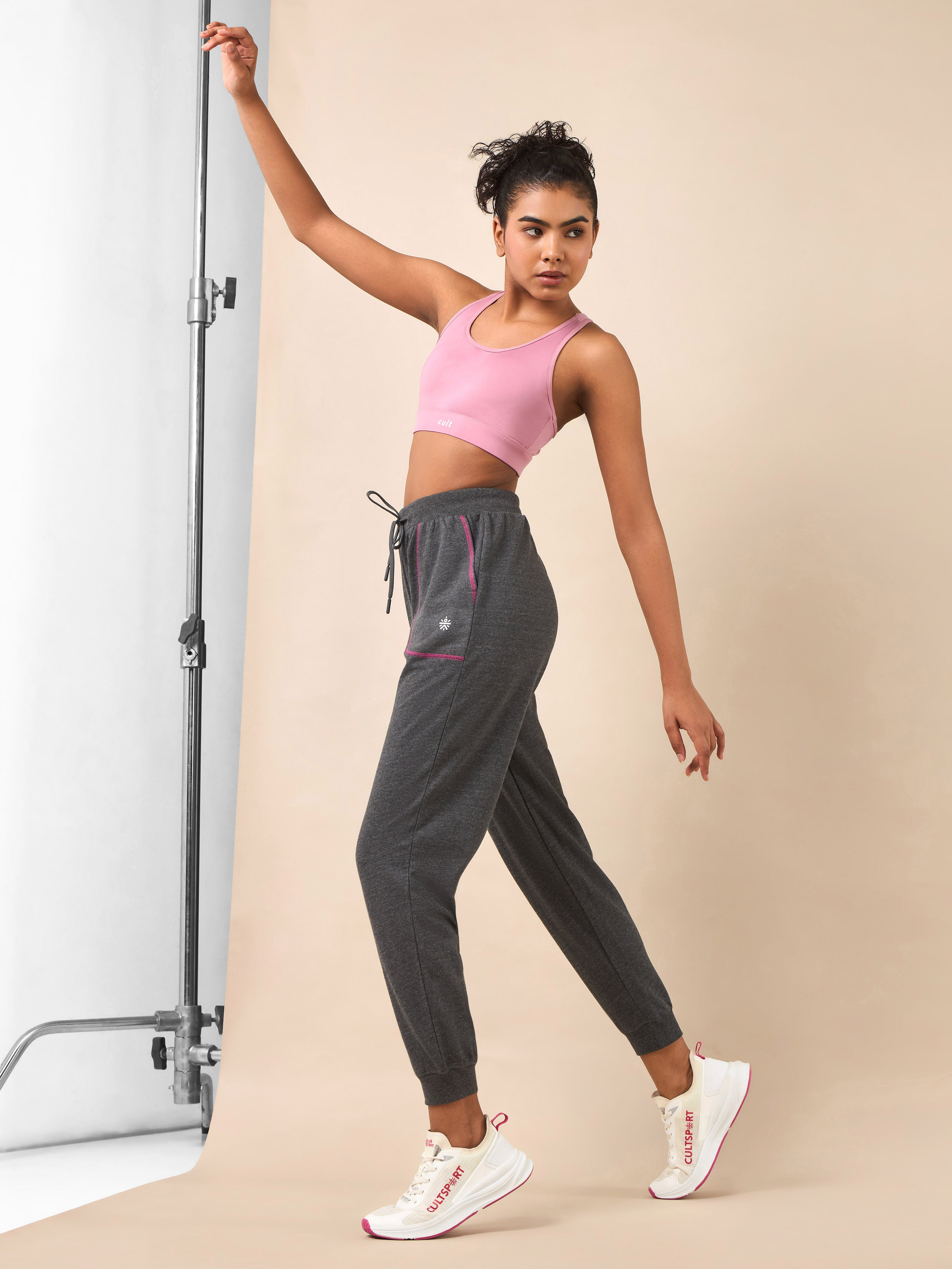 Women's Grey Melange Pop Up Thread Leisure Joggers
