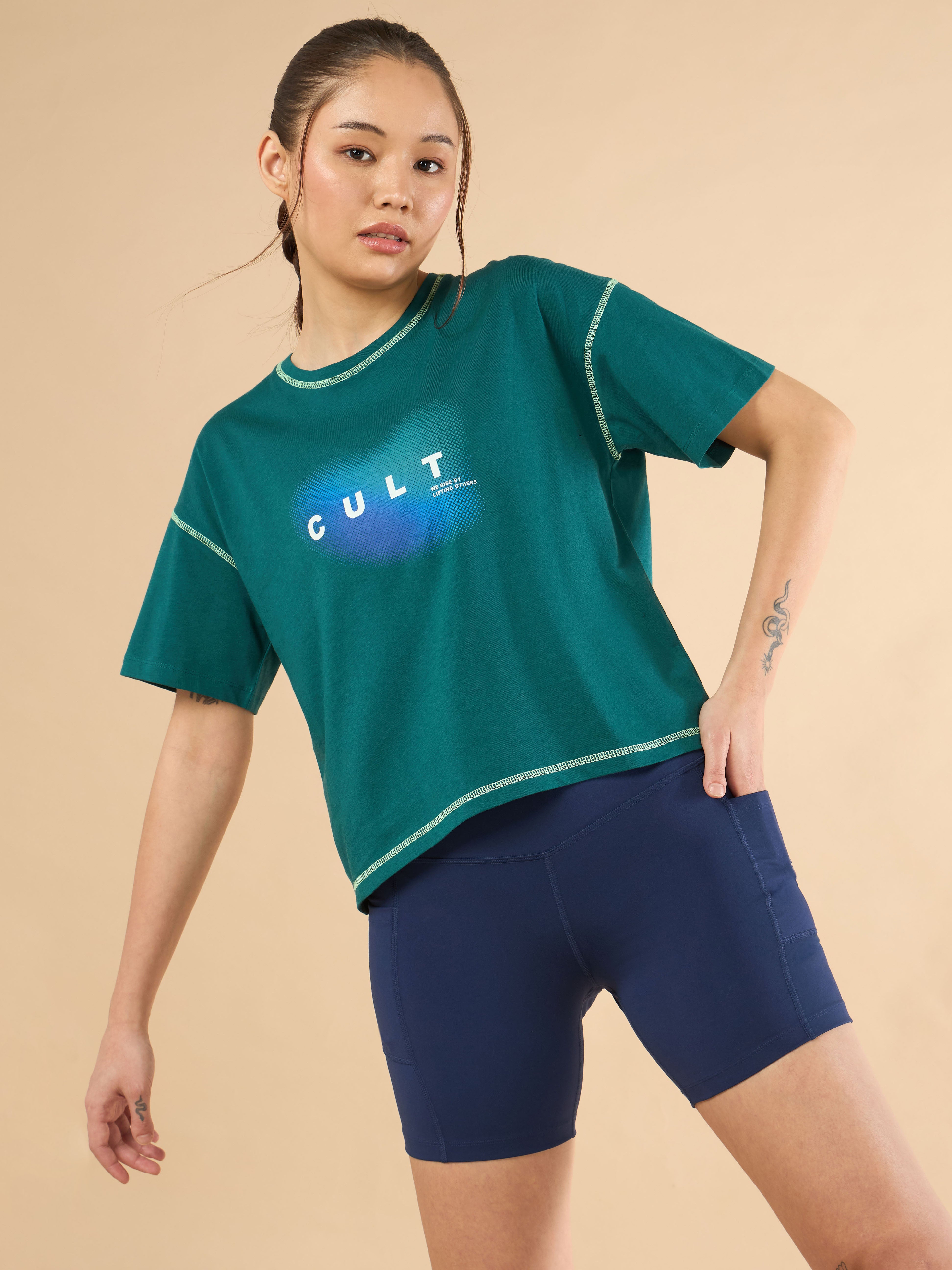Women's Teal Cult Spirit Graphic Boxy crop T-shirt