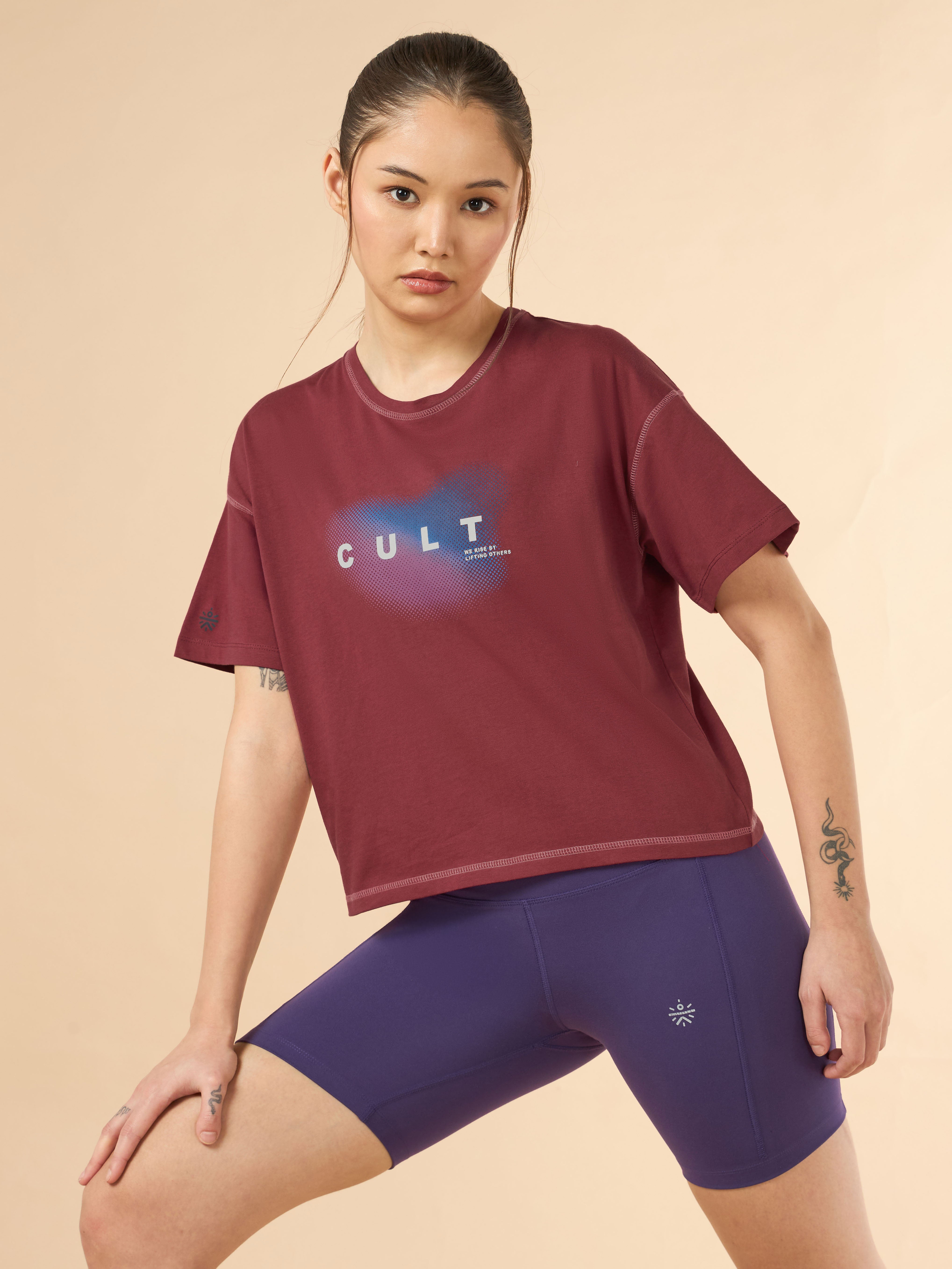 Women's Maroon Cult Spirit Graphic Boxy Crop T-shirt