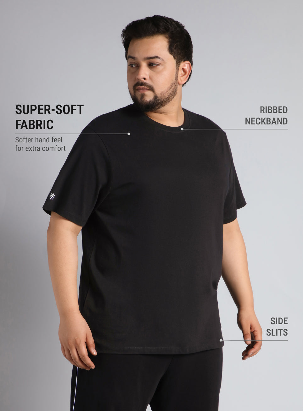 Men's Black Cotton Plus Size Everyday Regular Fit T-shirt
