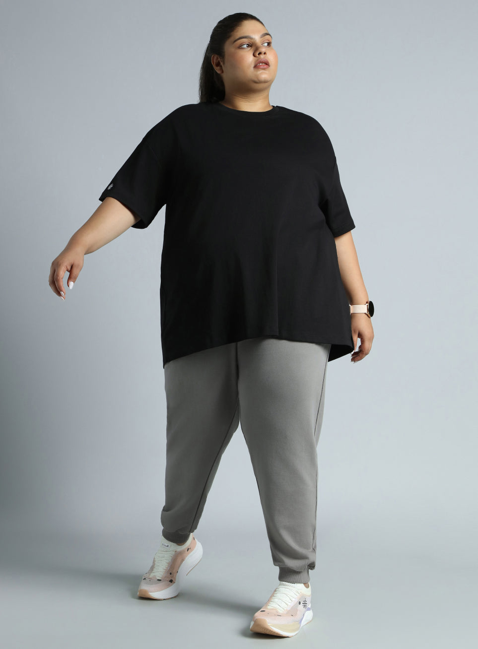 Women's Black Cotton Plus Size Everyday Oversized Fit T-shirt
