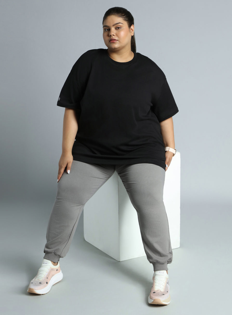 Women's Black Cotton Plus Size Everyday Oversized Fit T-shirt