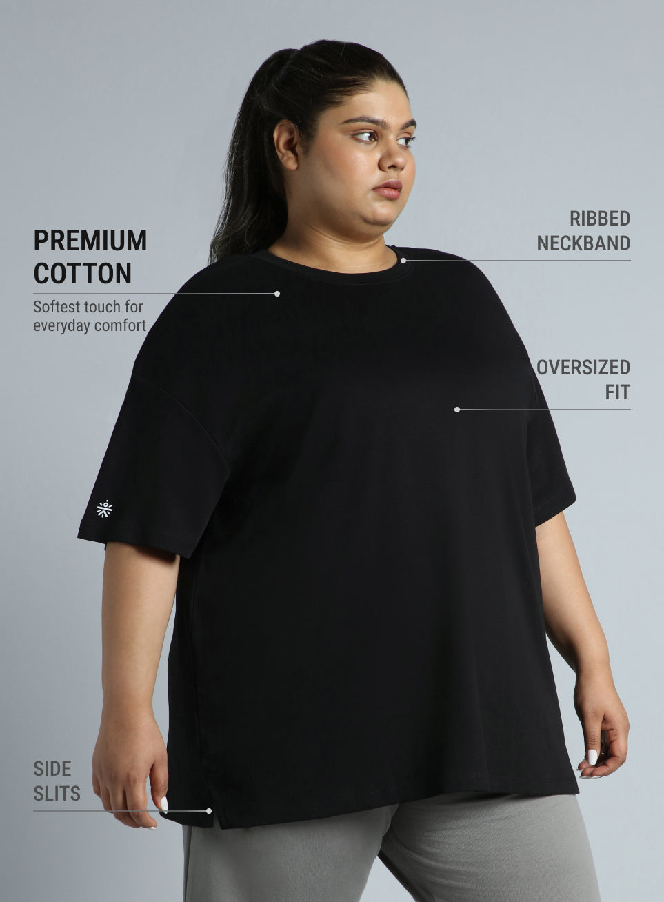 Women's Black Cotton Plus Size Everyday Oversized Fit T-shirt