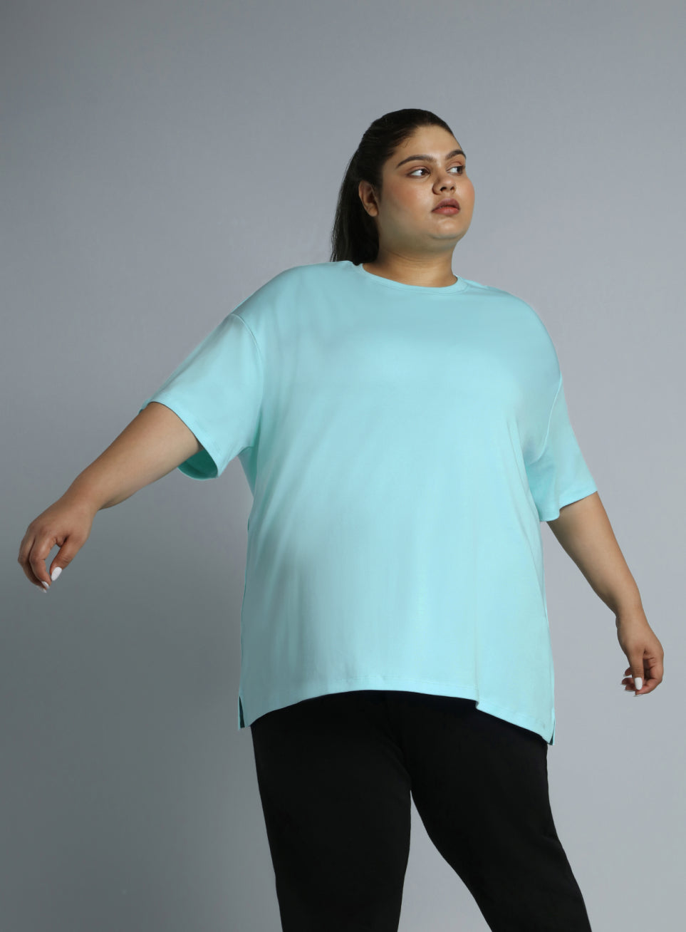 Women's Sky Blue Cotton Plus Size Everyday Oversized Fit T-shirt