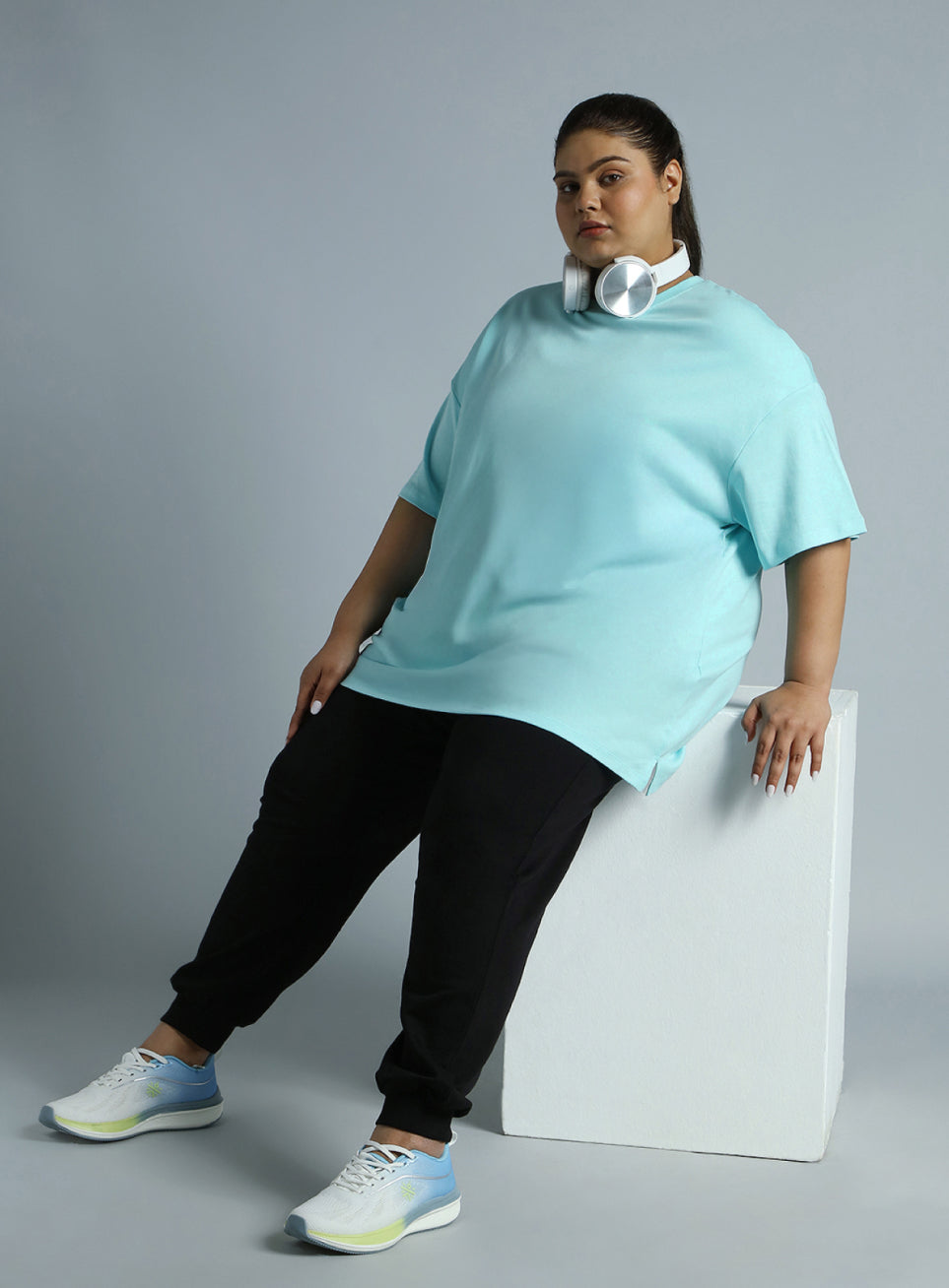 Women's Sky Blue Cotton Plus Size Everyday Oversized Fit T-shirt
