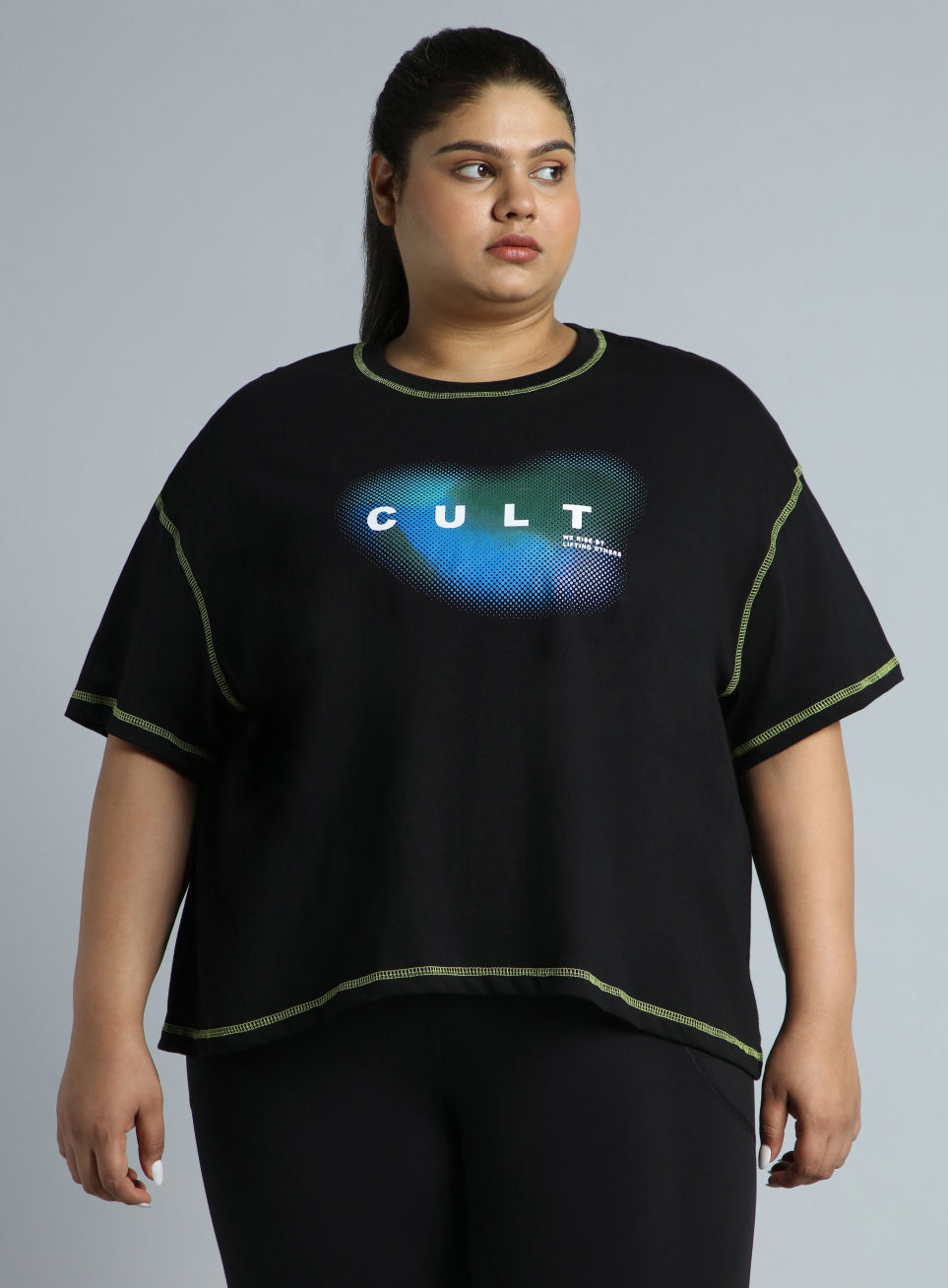 Women's Black Training Essential Graphic Plus Size Boxy Fit T-shirt