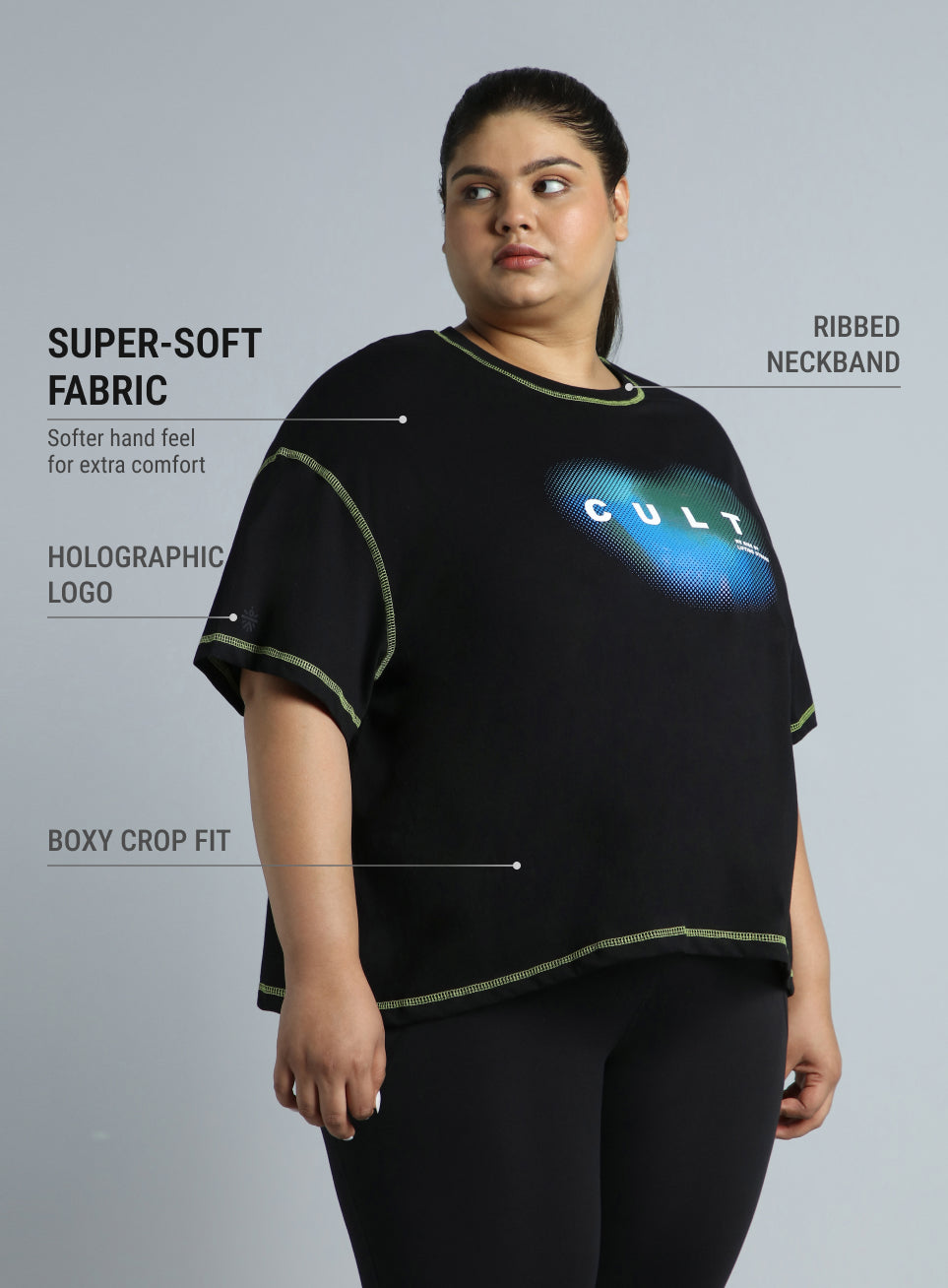 Women's Black Training Essential Graphic Plus Size Boxy Fit T-shirt