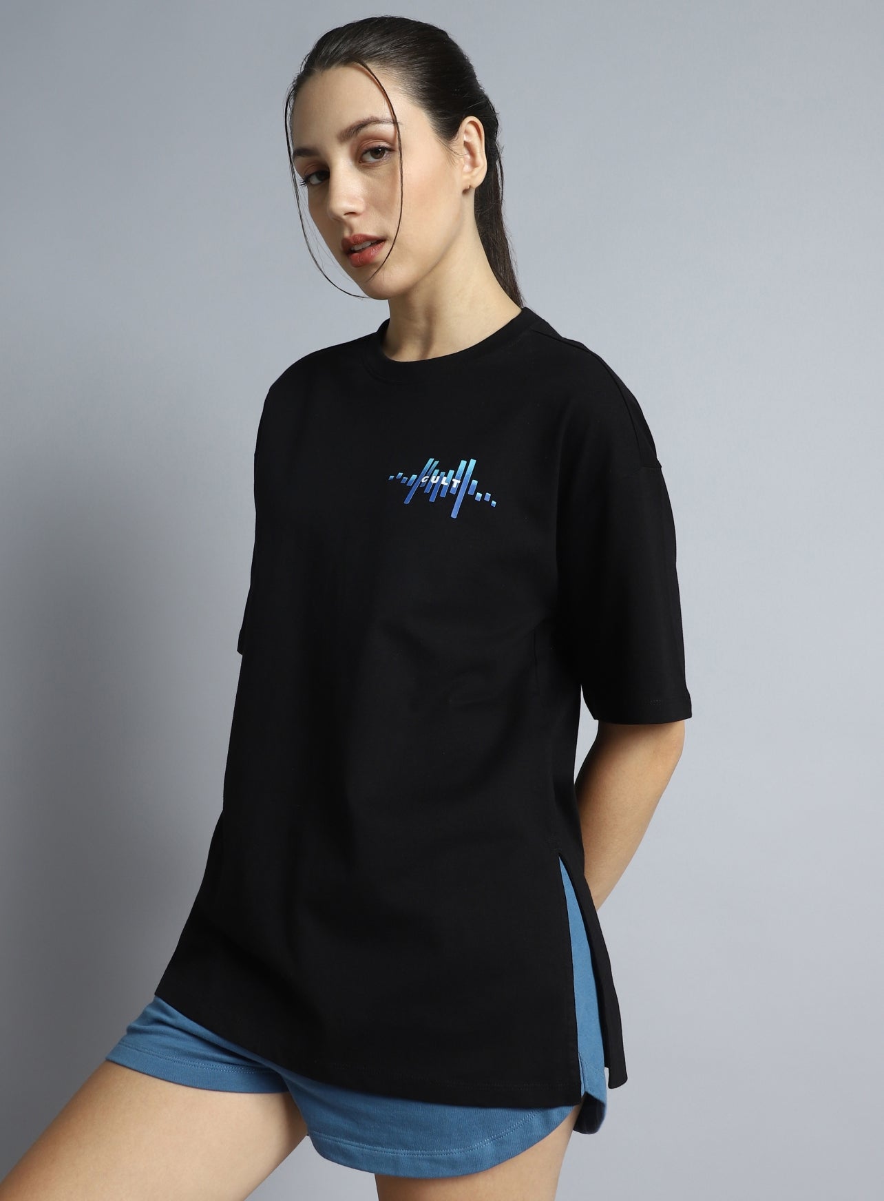 Women's Black Printed Oversized T-shirt