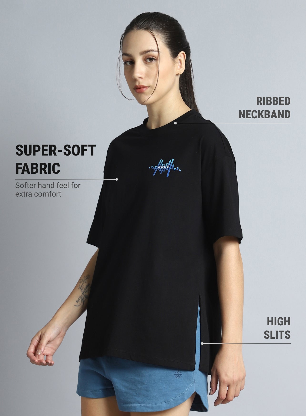 Women's Black Printed Oversized T-shirt