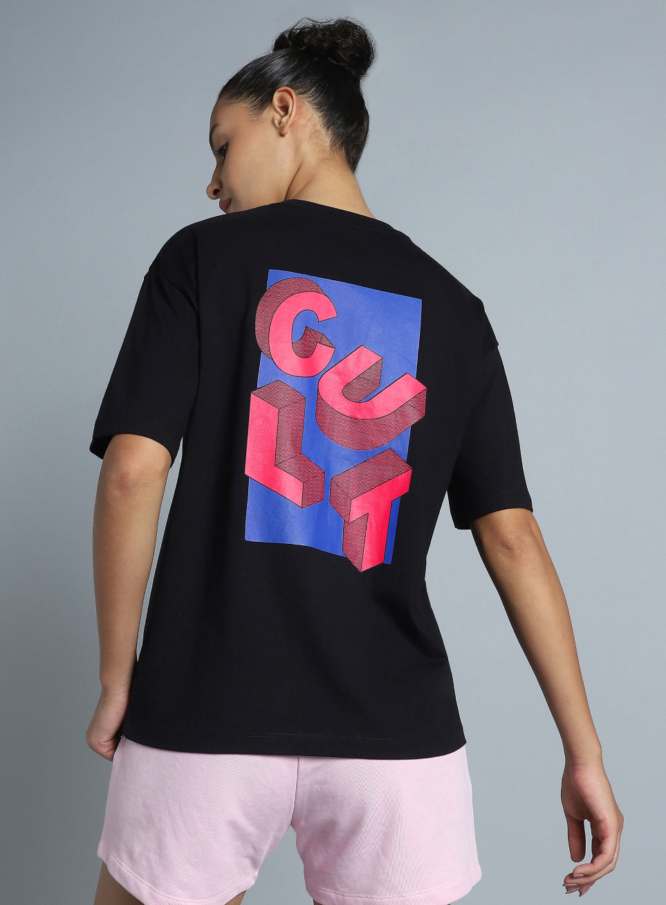 Women's Black Back Print Relaxed Fit T-shirt