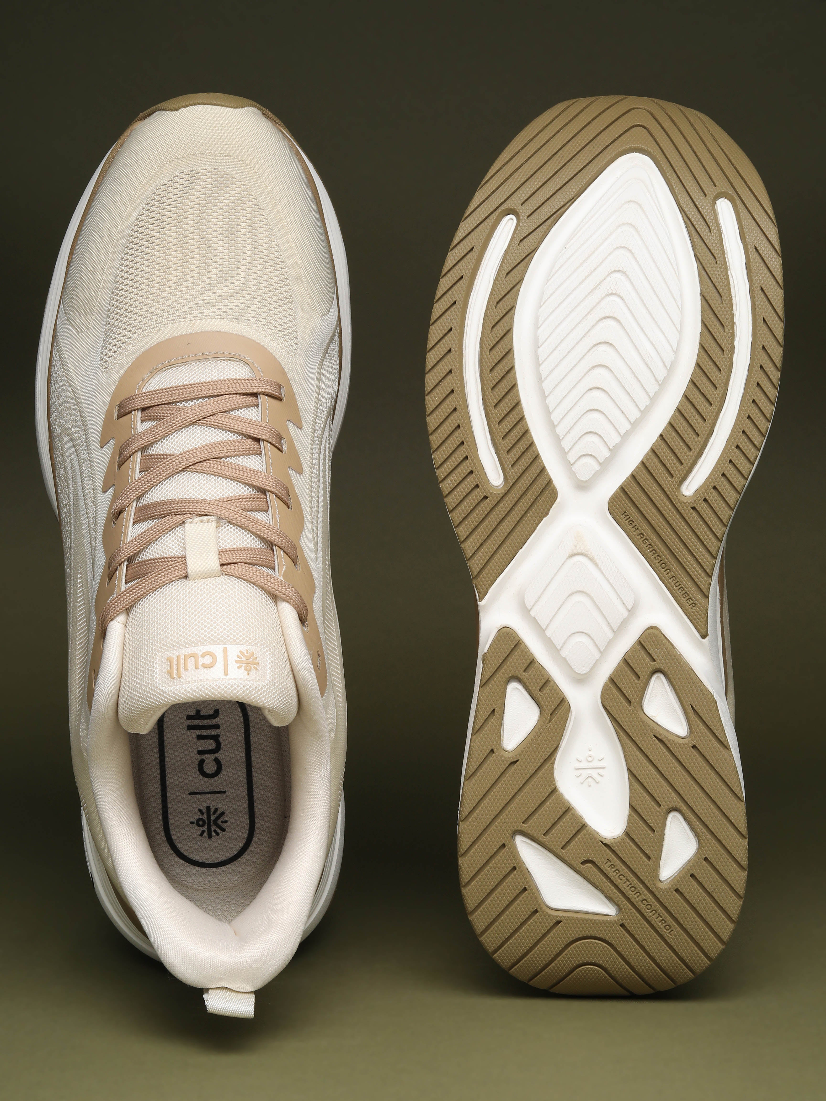 cult Men's Flexride Running Shoes with Durable Rubber Outsole & Cushioning for Runs up to 20 km - Cream/Beige