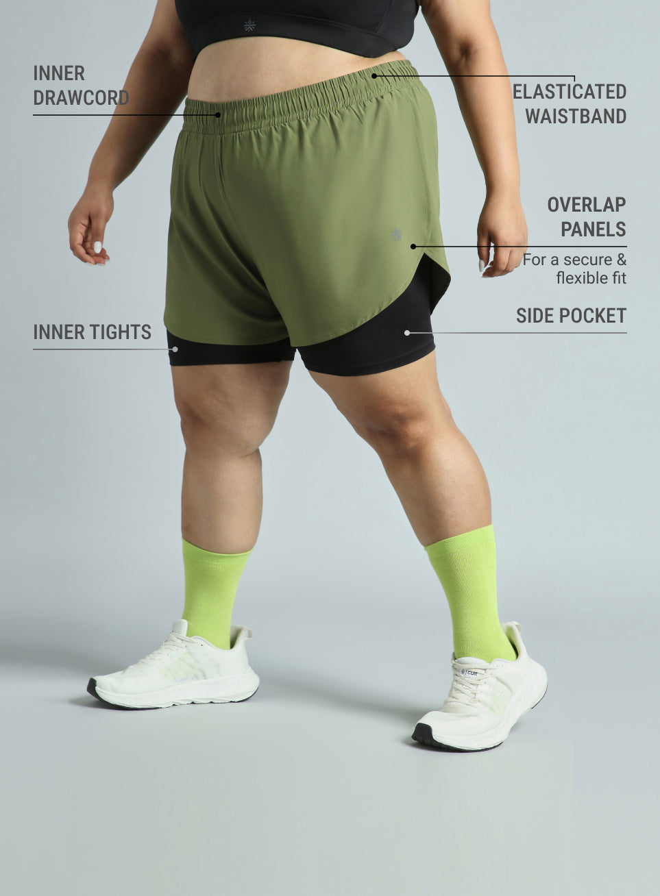 Women's Olive Running Essential Plus Size Built in Shorts