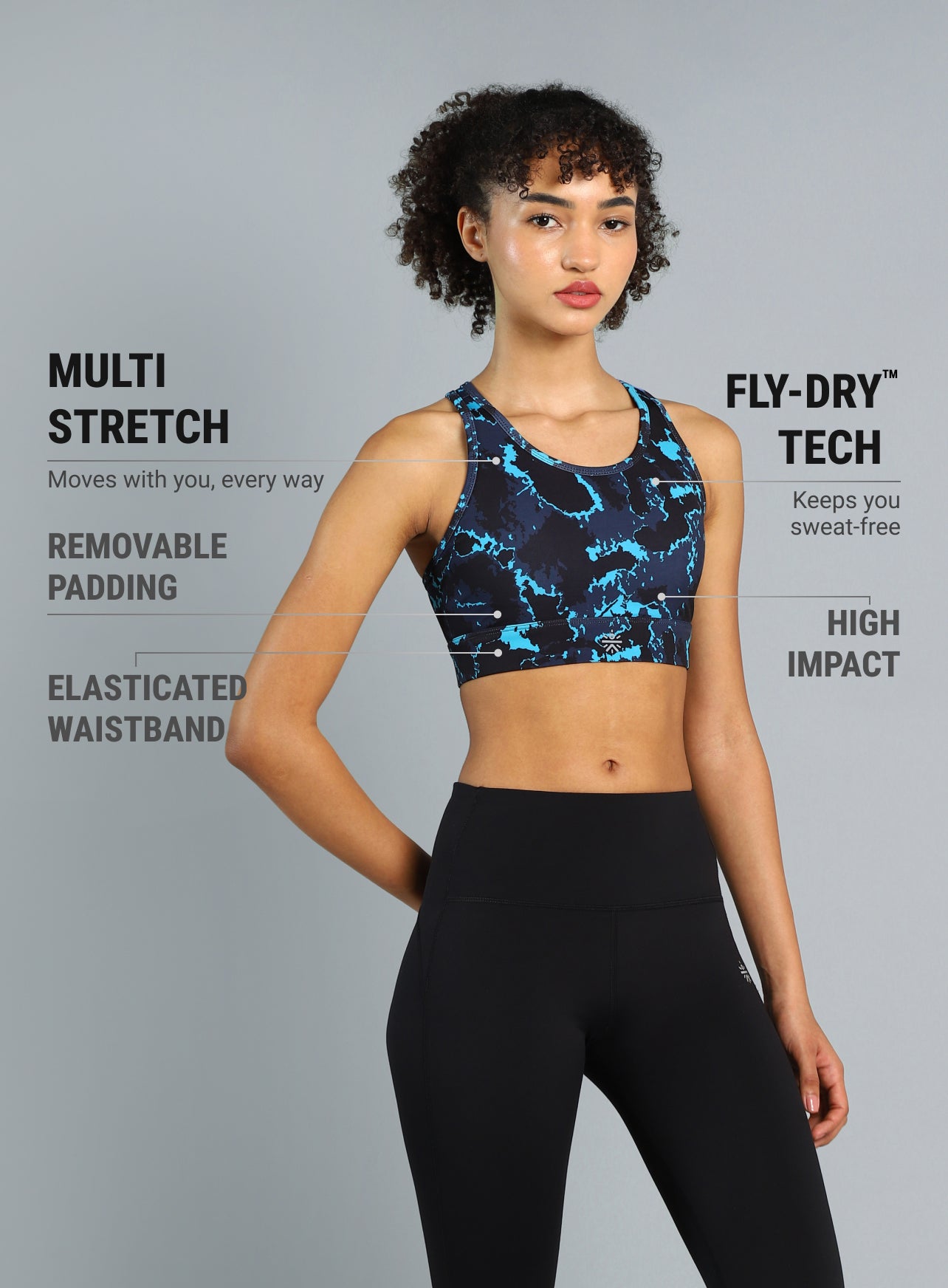 Women's Navy Printed Racerback High Impact Bra