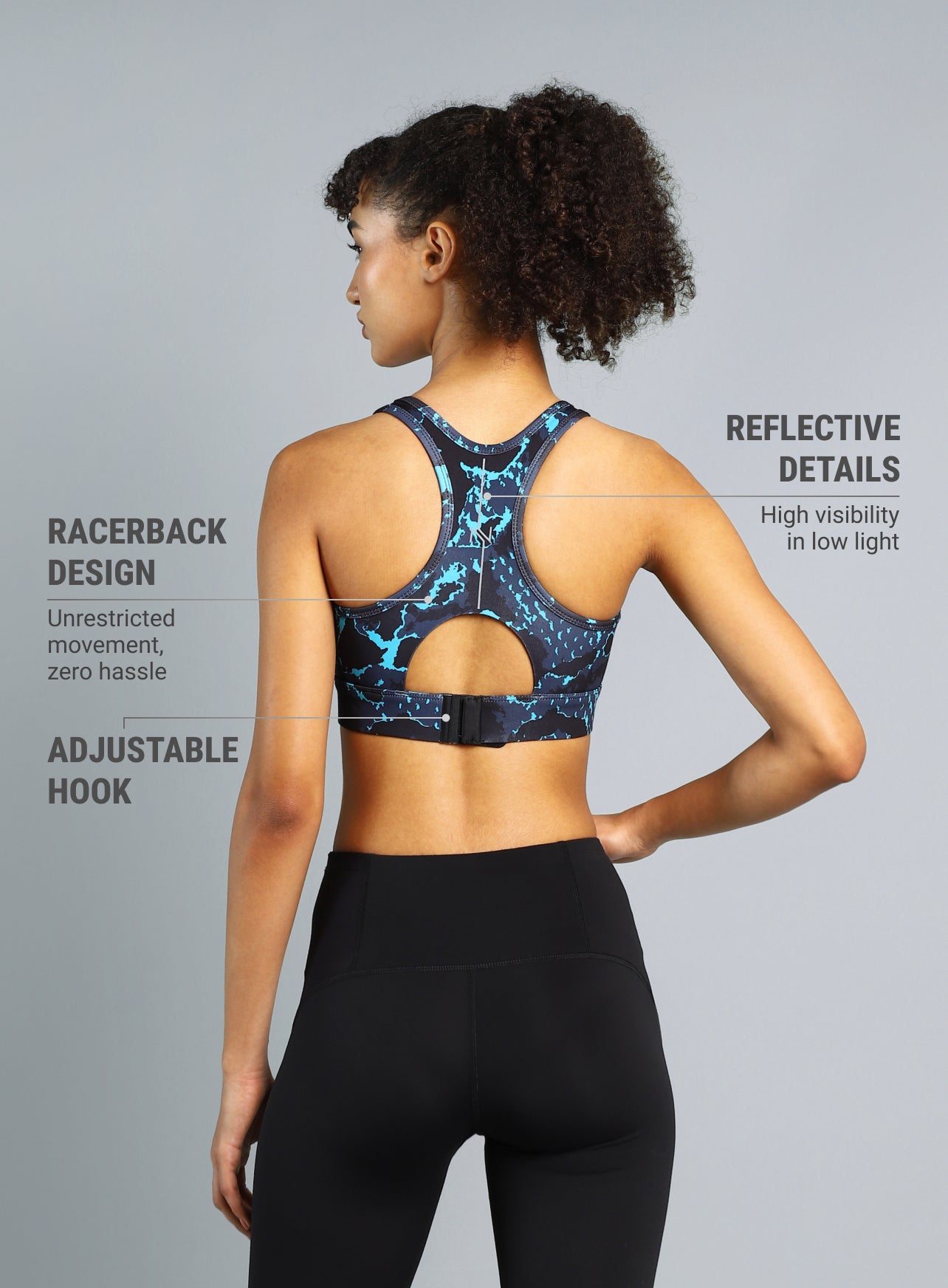 Women's Navy Printed Racerback High Impact Bra