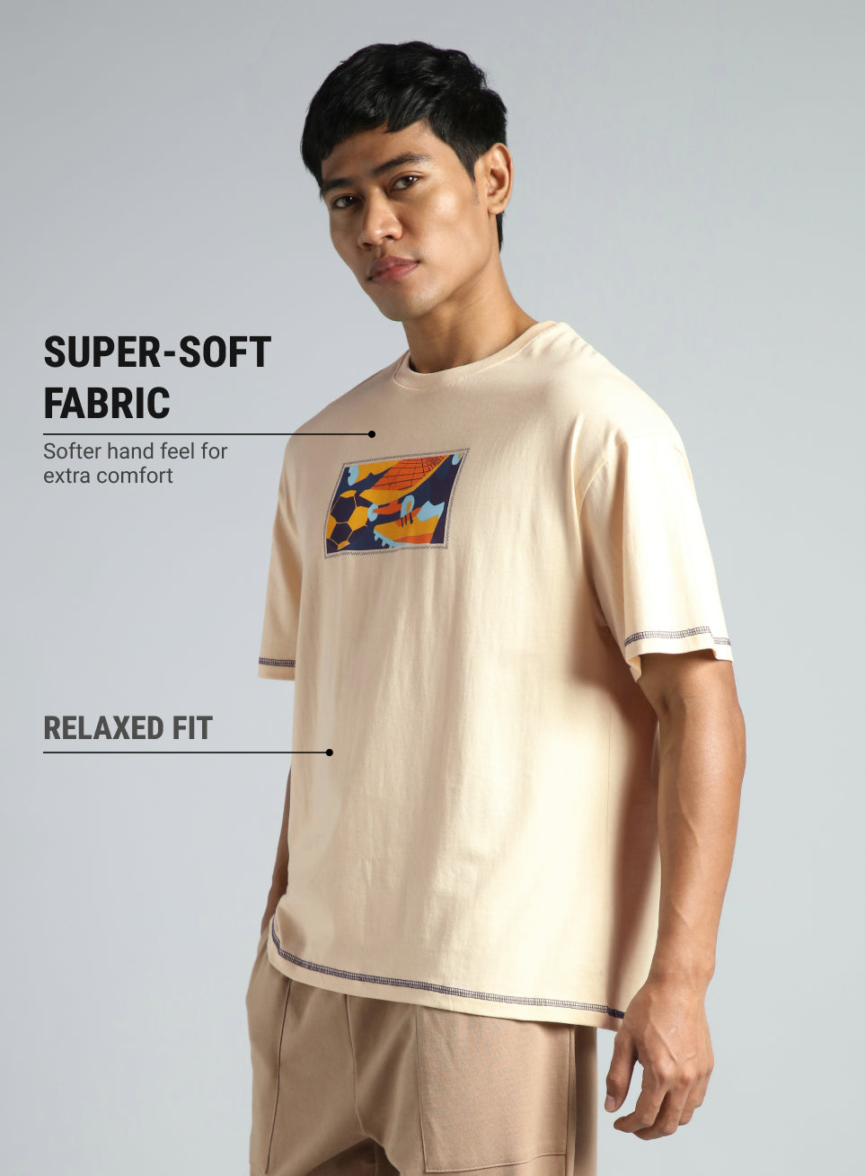 Men's Cream Play On Relaxed fit Graphic T-shirt