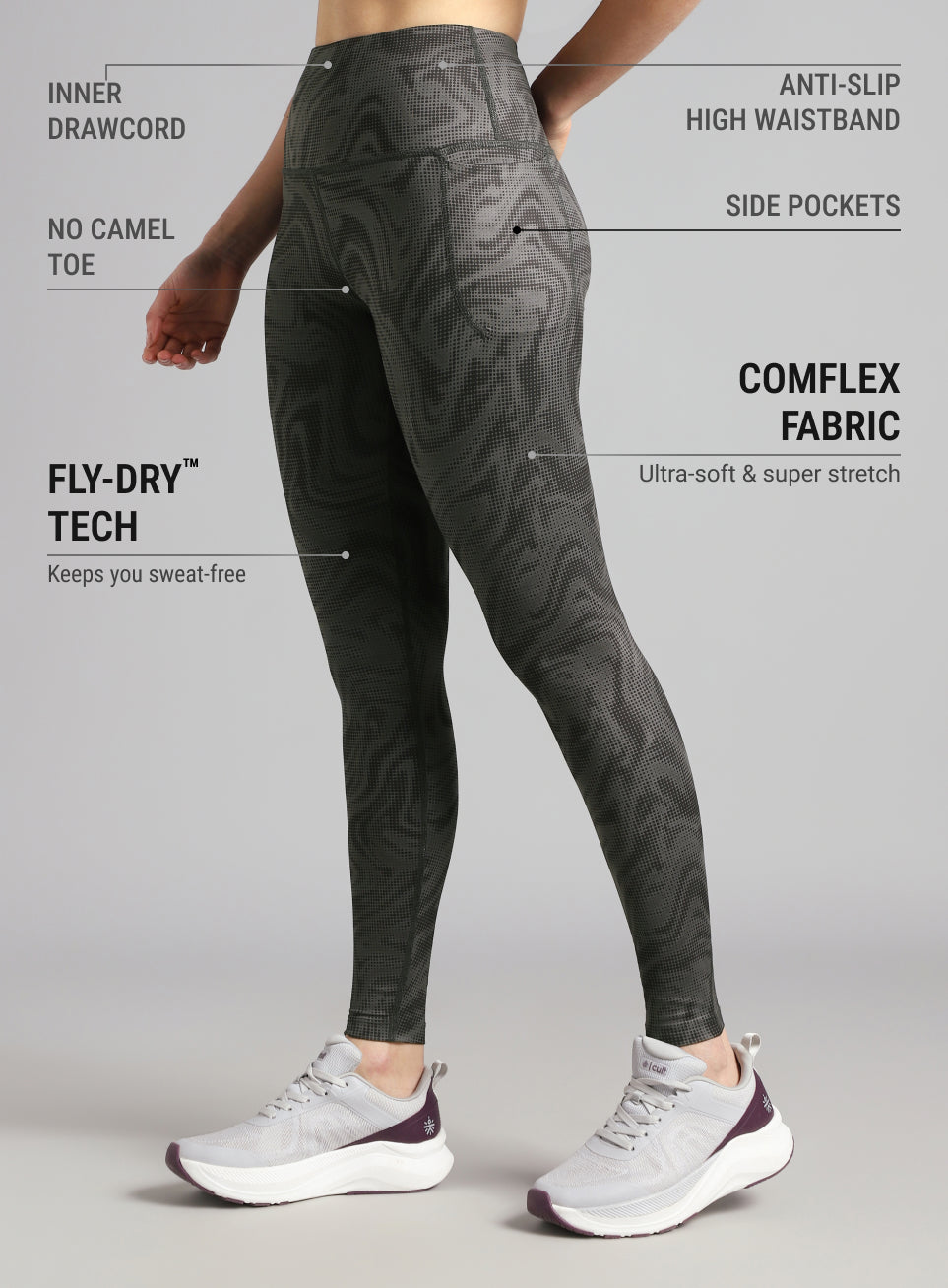 Women's Dark Grey Printed Train All Day COMFlex Tights