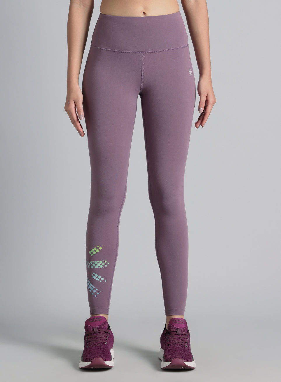 Women's Purple Absolute Fit Tights with Logo Print and Back Pocket