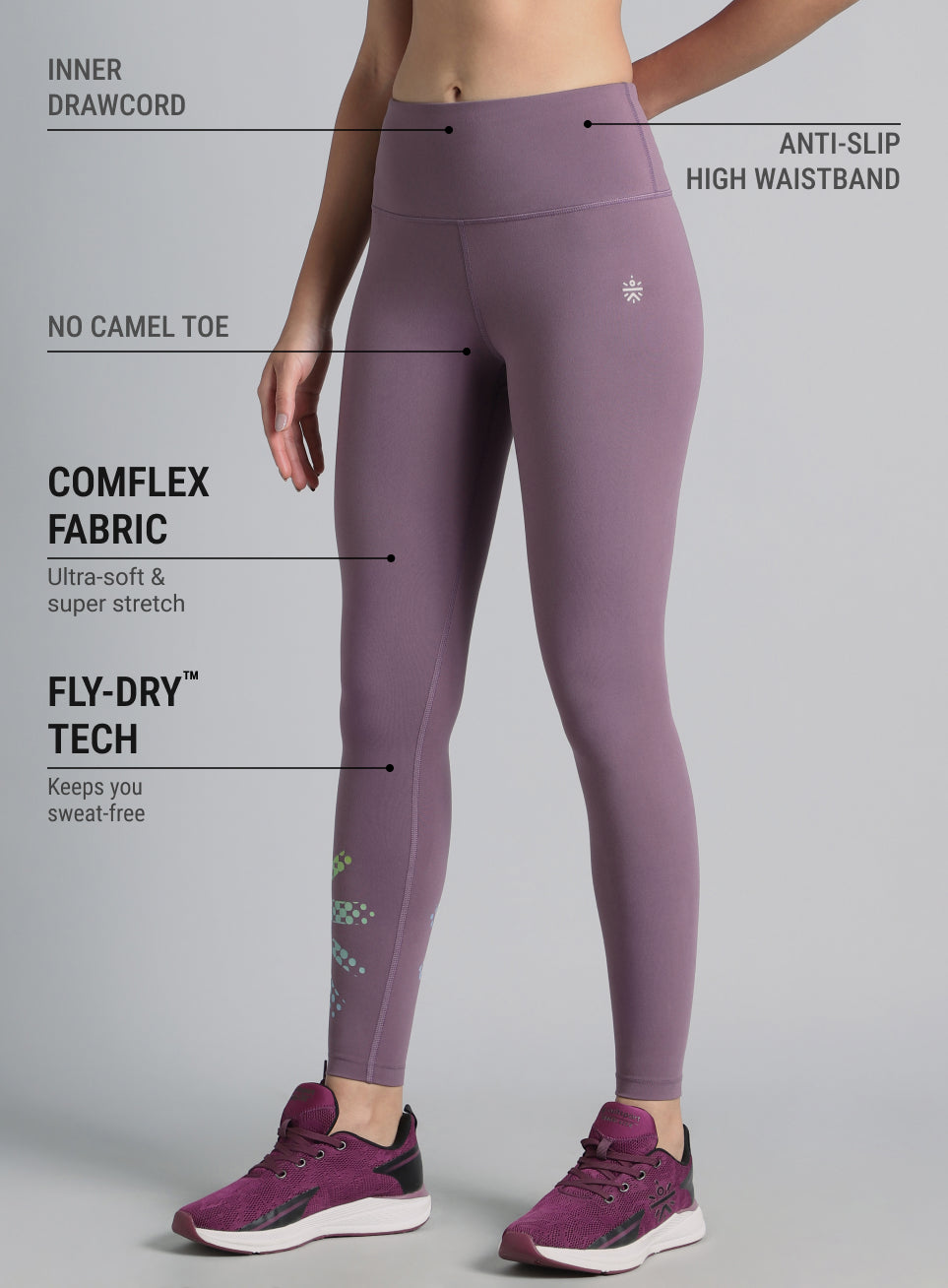 Women's Purple Absolute Fit Tights with Logo Print and Back Pocket