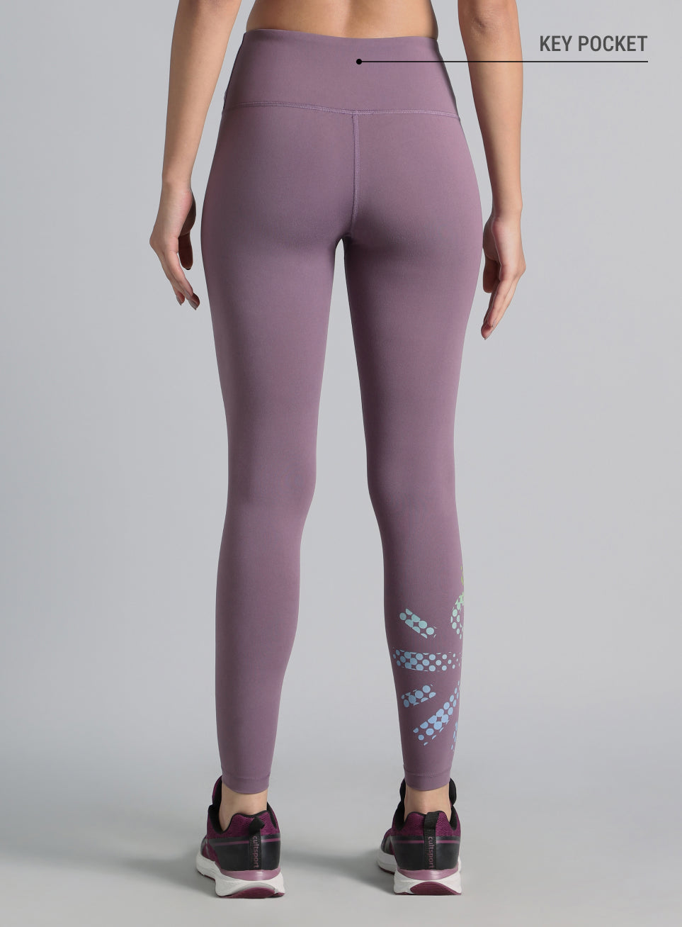 Women's Purple Absolute Fit Tights with Logo Print and Back Pocket