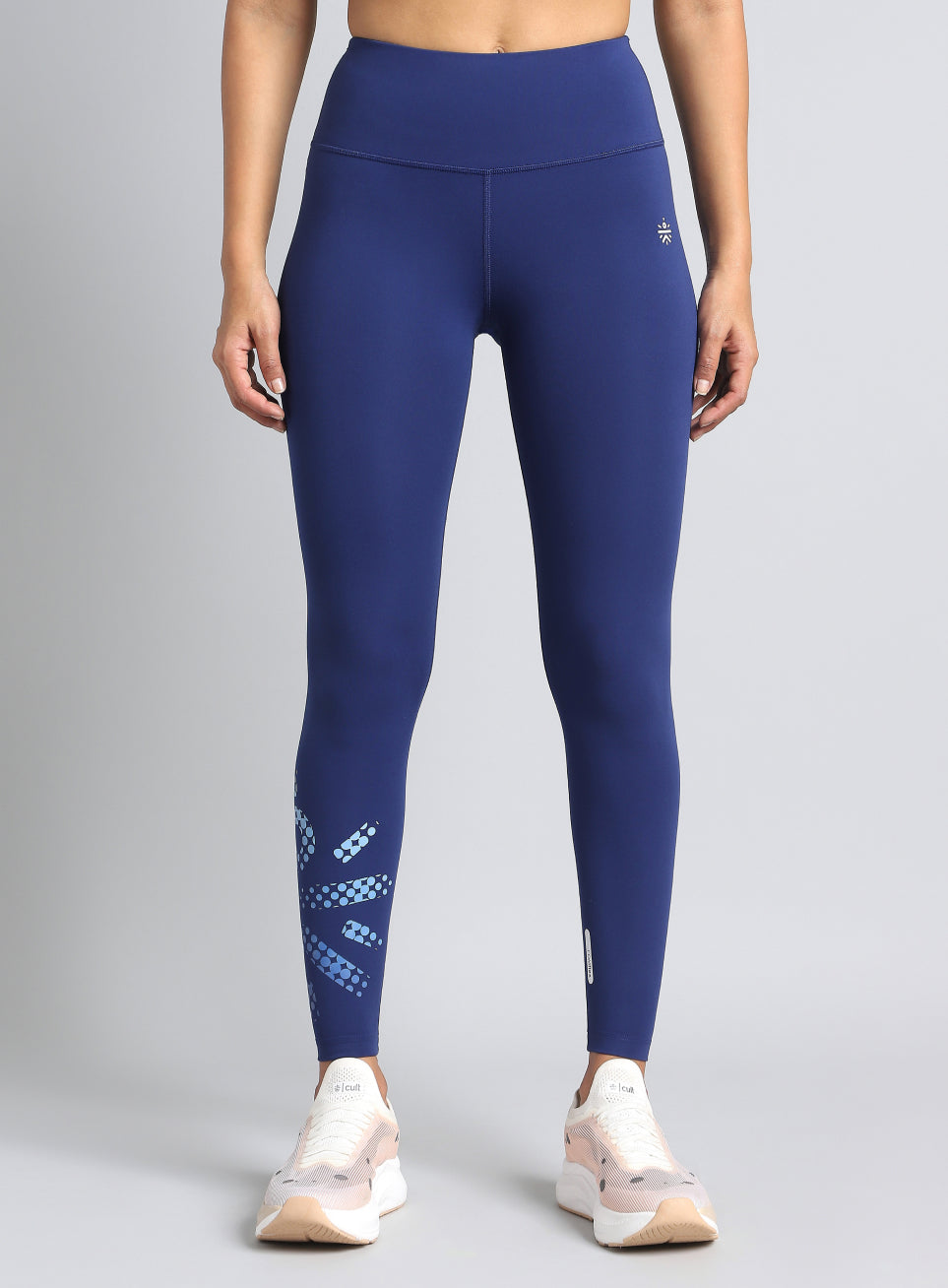 Women's Blue Absolute Fit Tights with Logo Print and Back Pocket