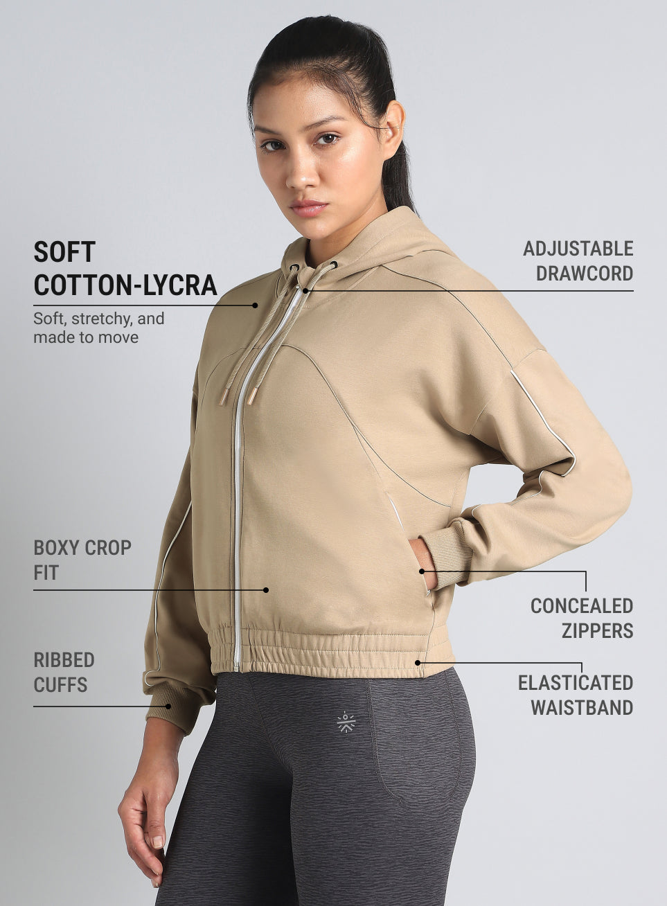 Women's Khaki Workout Essential Cropped Jacket