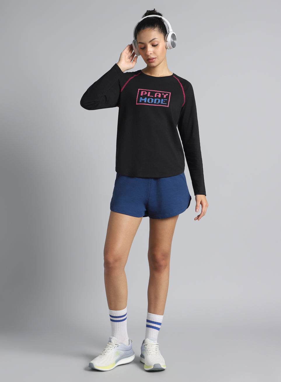 Women's Black Play Mode Full Sleeve T-shirt