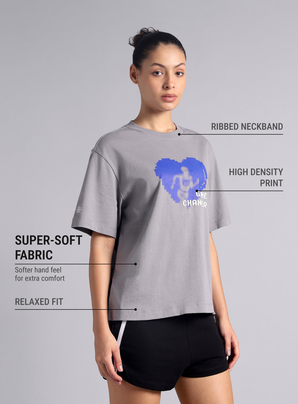 Women's Grey Graphic Relaxed Fit T-shirt