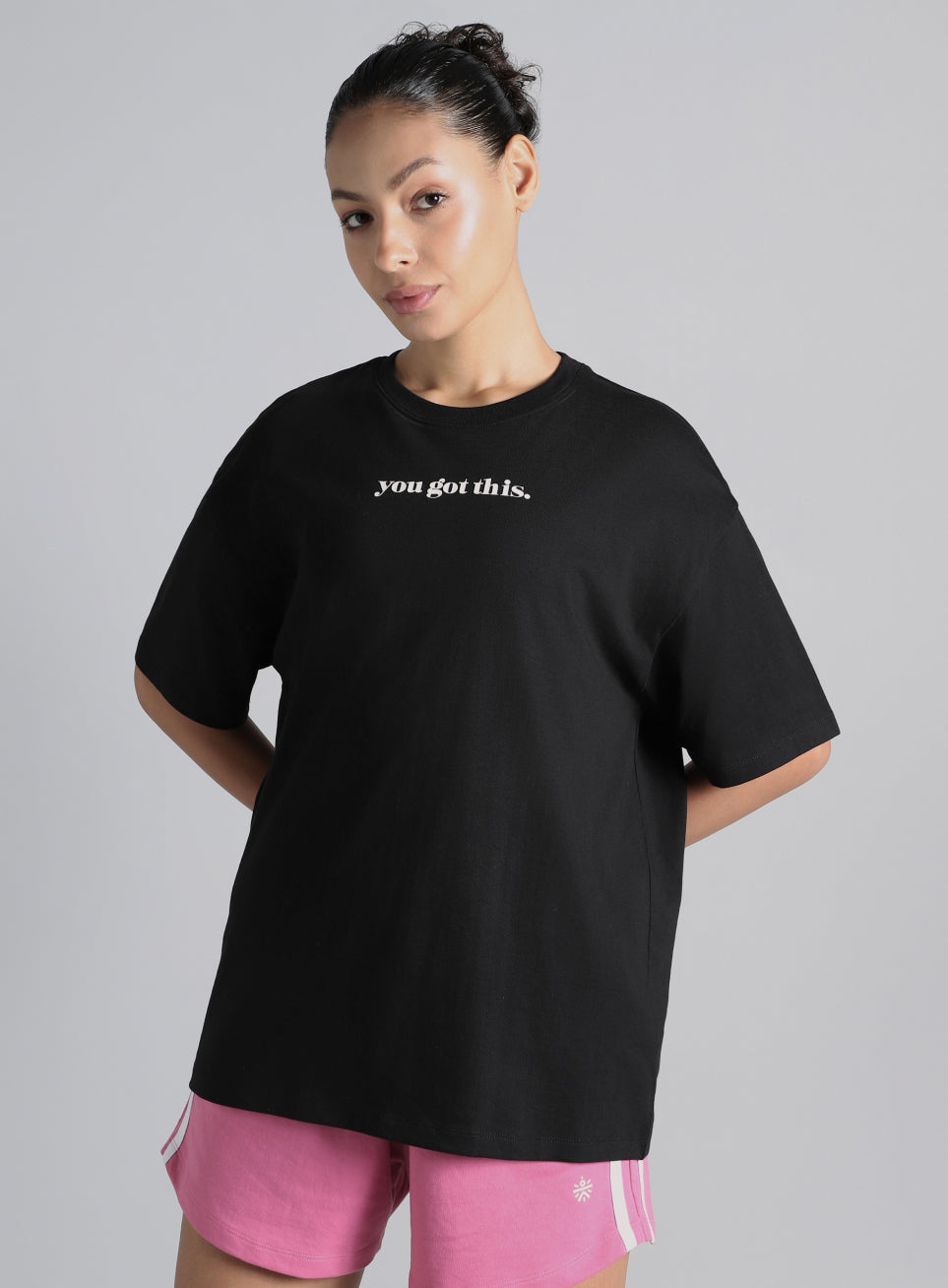 Women's Black You Got This Puff Print Peach Oversized T-shirt