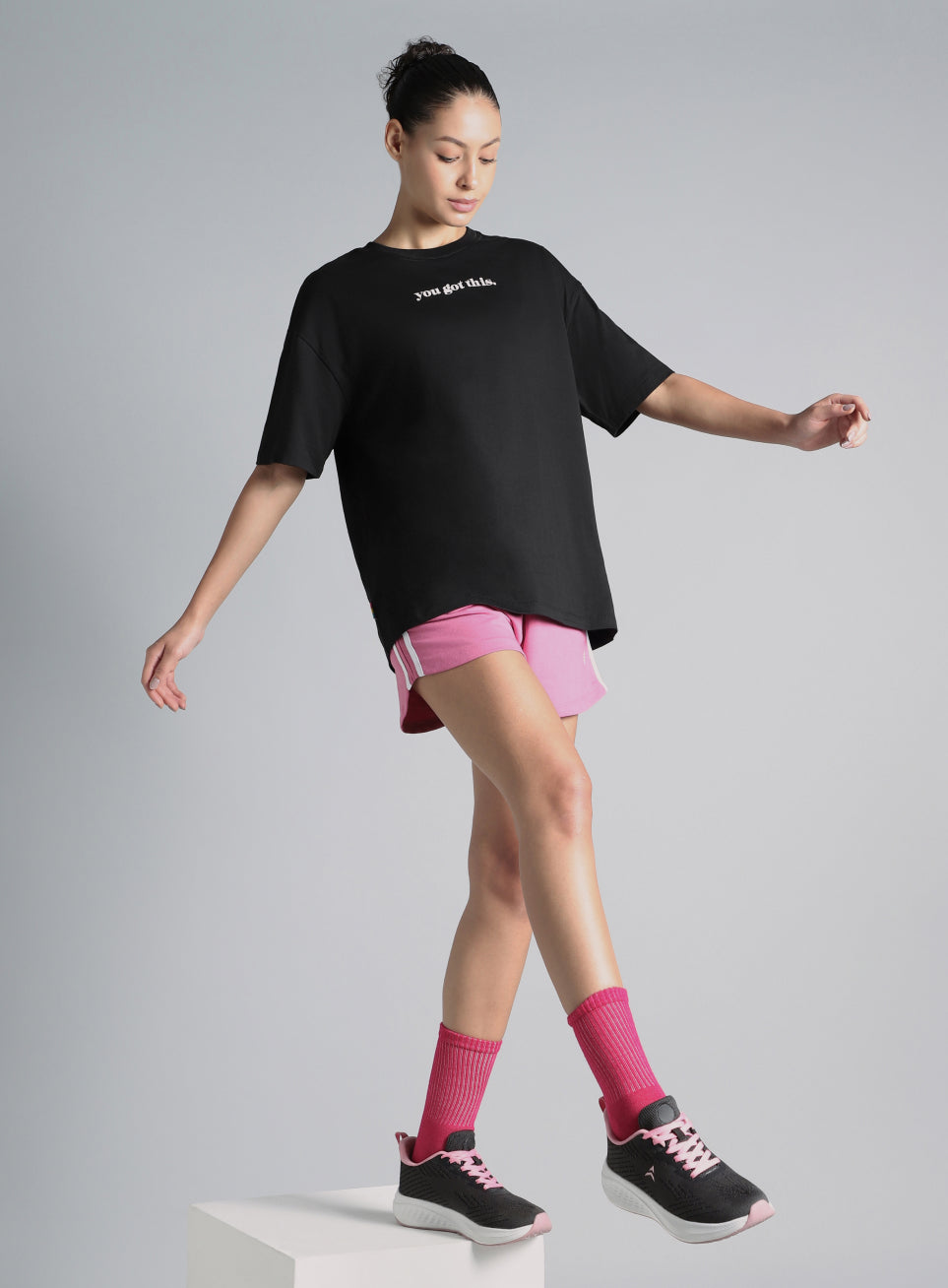 Women's Black You Got This Puff Print Peach Oversized T-shirt