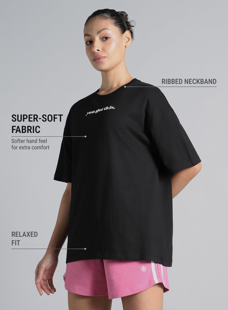 Women's Black You Got This Puff Print Peach Oversized T-shirt