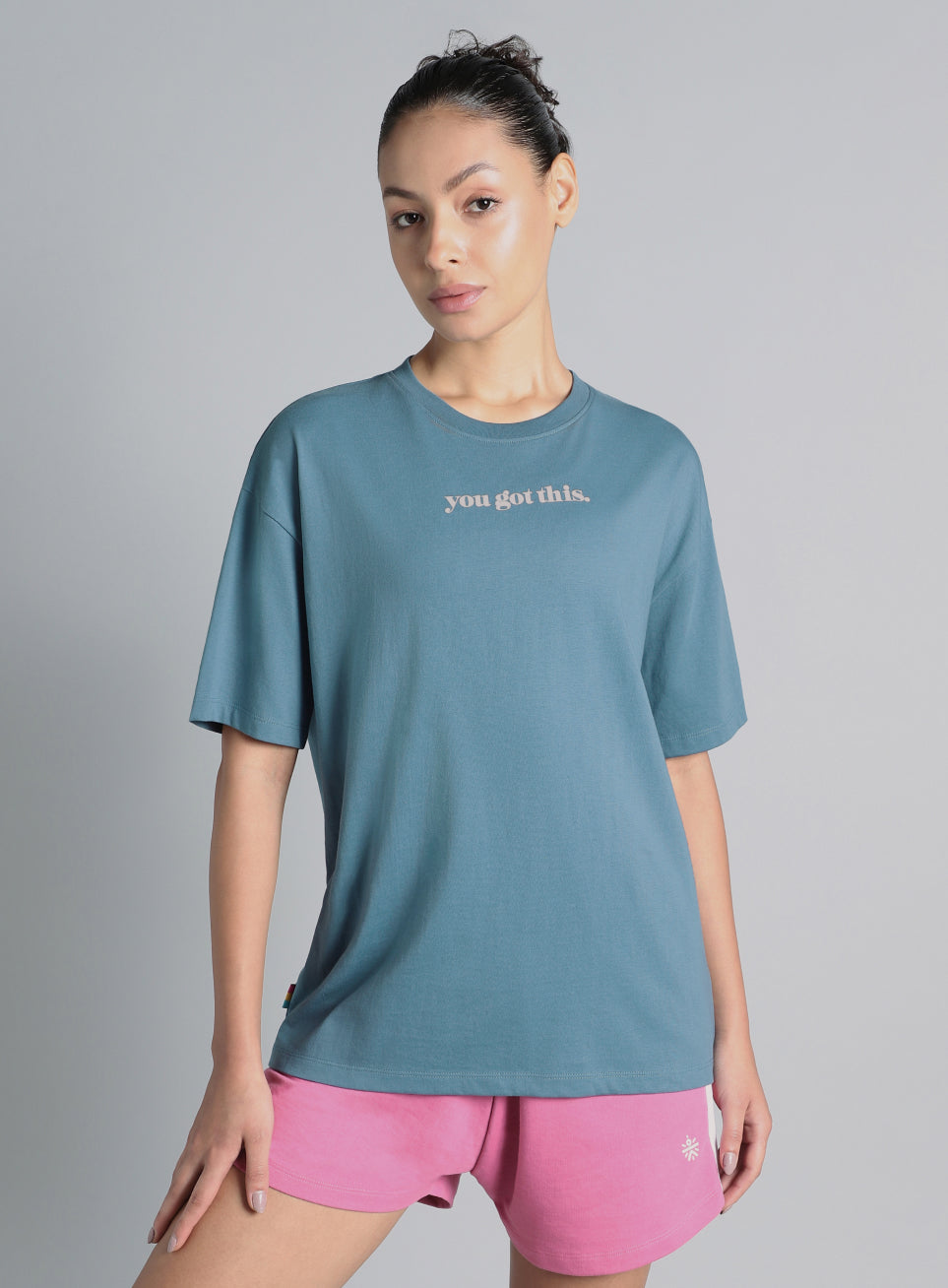 Women's Blue You Got This Puff Print Peach Oversized T-shirt