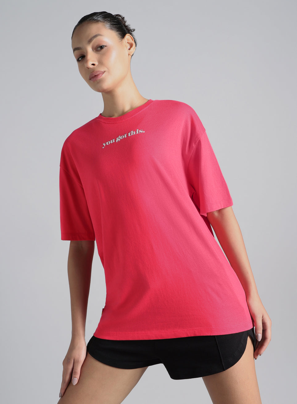 Women's Pink You Got This Puff Print Peach Oversized T-shirt