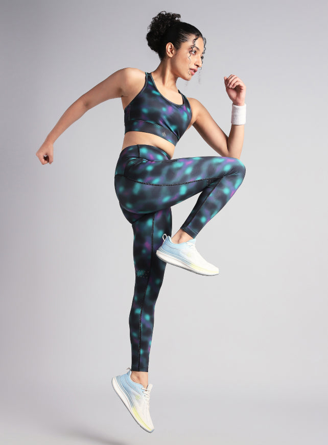 Women's Black Racer Back AOP High Support Running Bra