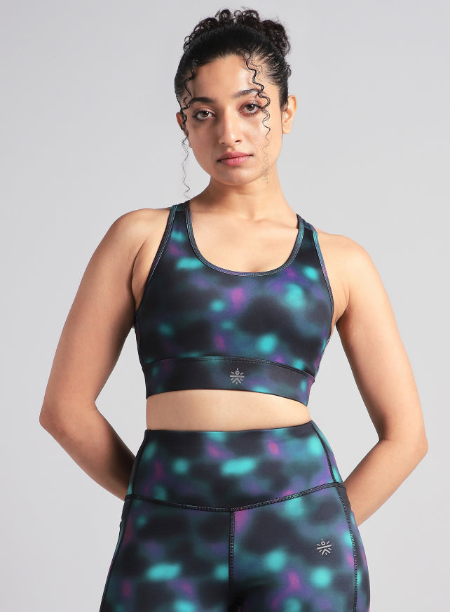 Women's Black Racer Back AOP High Support Running Bra