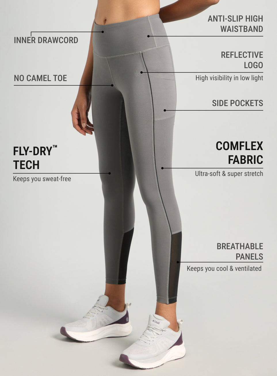 Women's Grey Pace Up Running comflex Tights