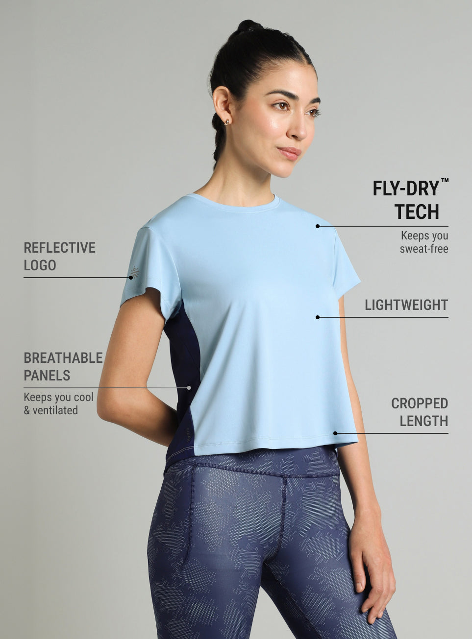 Women's Blue Colourblock Cropped Running T-shirt