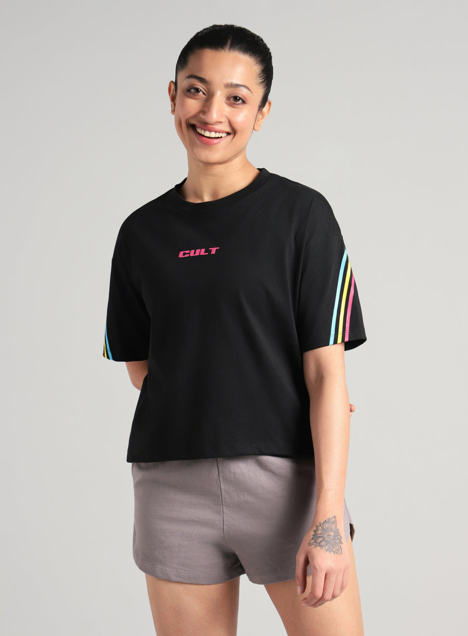 Women's Black Cult Vibe Stripes Boxy Fit T-shirt