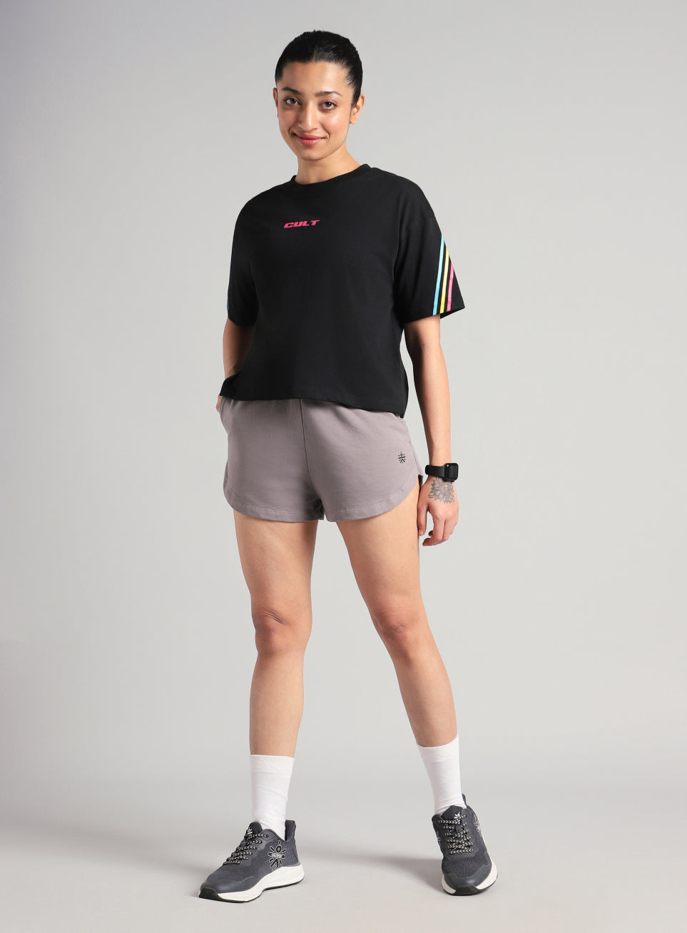 Women's Black Cult Vibe Stripes Boxy Fit T-shirt