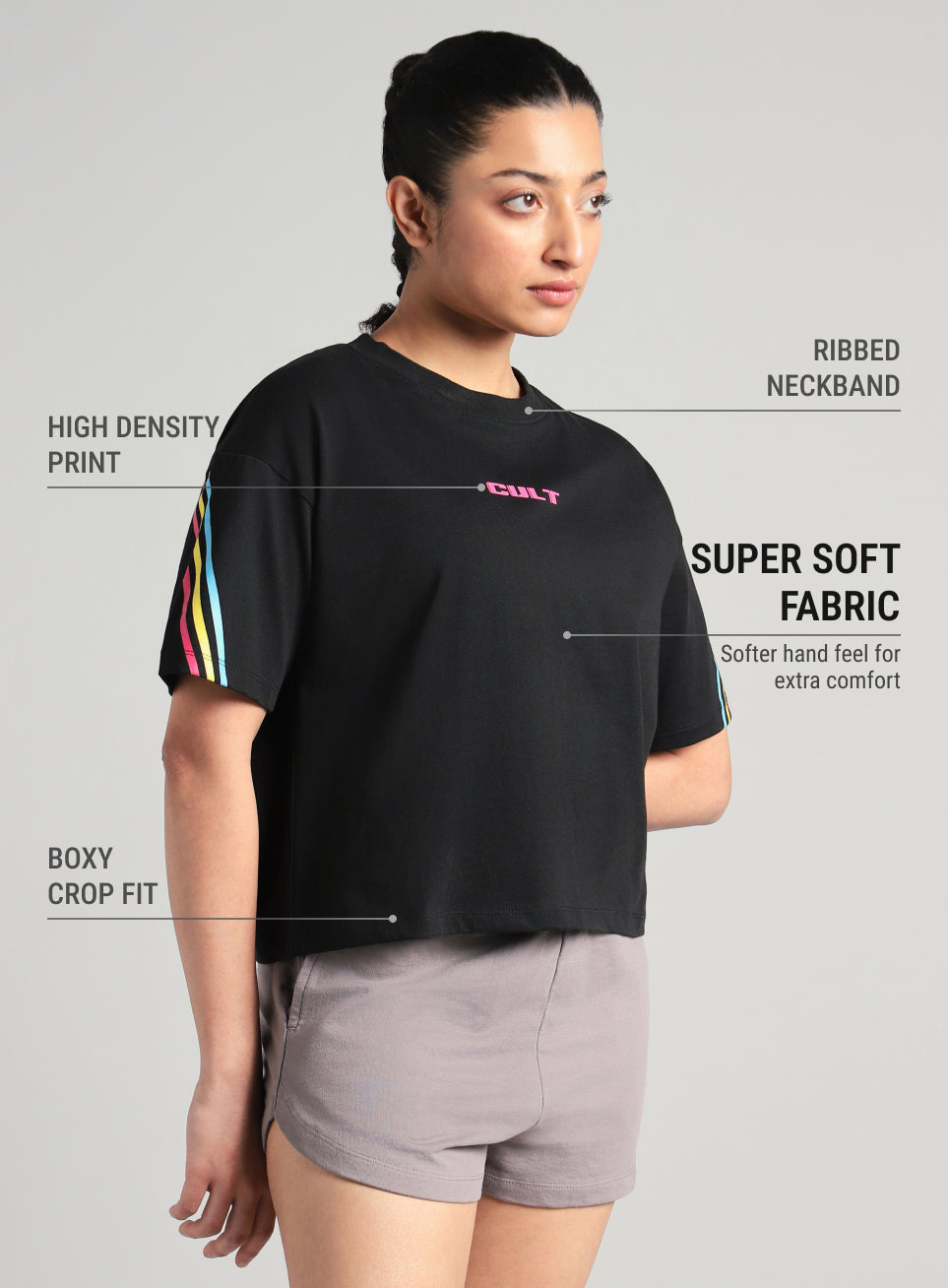Women's Black Cult Vibe Stripes Boxy Fit T-shirt