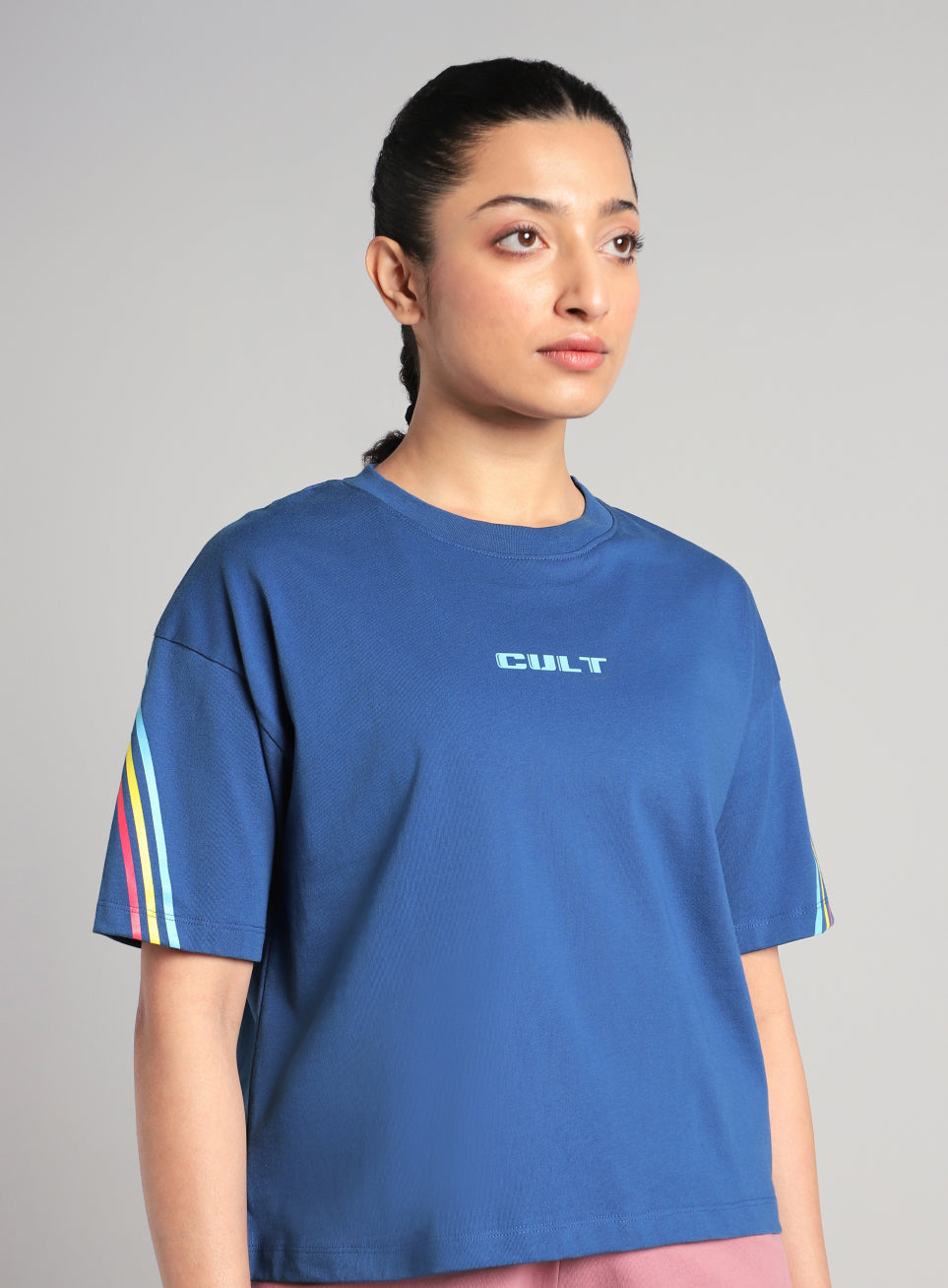 Women's Blue Cult Vibe Stripes Boxy Fit T-shirt