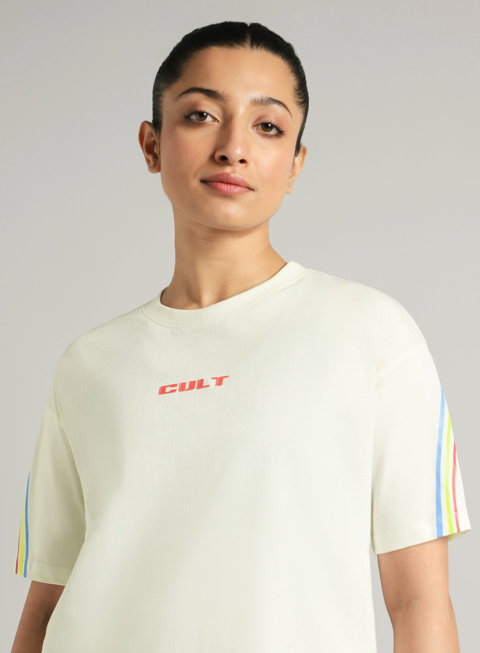 Women's Off White Cult Vibe Stripes Boxy Fit T-shirt